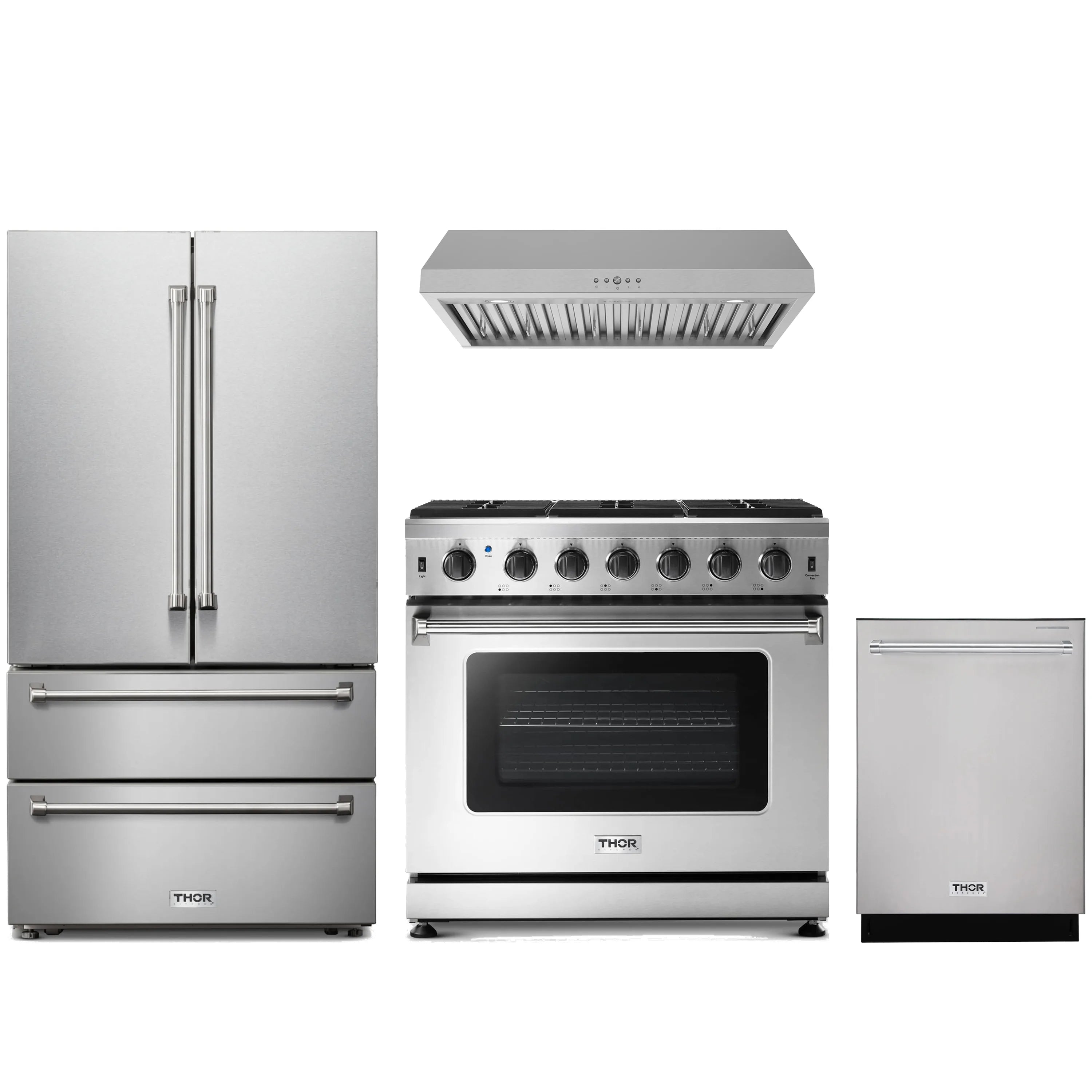 Stainless steel Thor Kitchen appliance package with 36-inch range, range hood, french door refrigerator, dishwasher