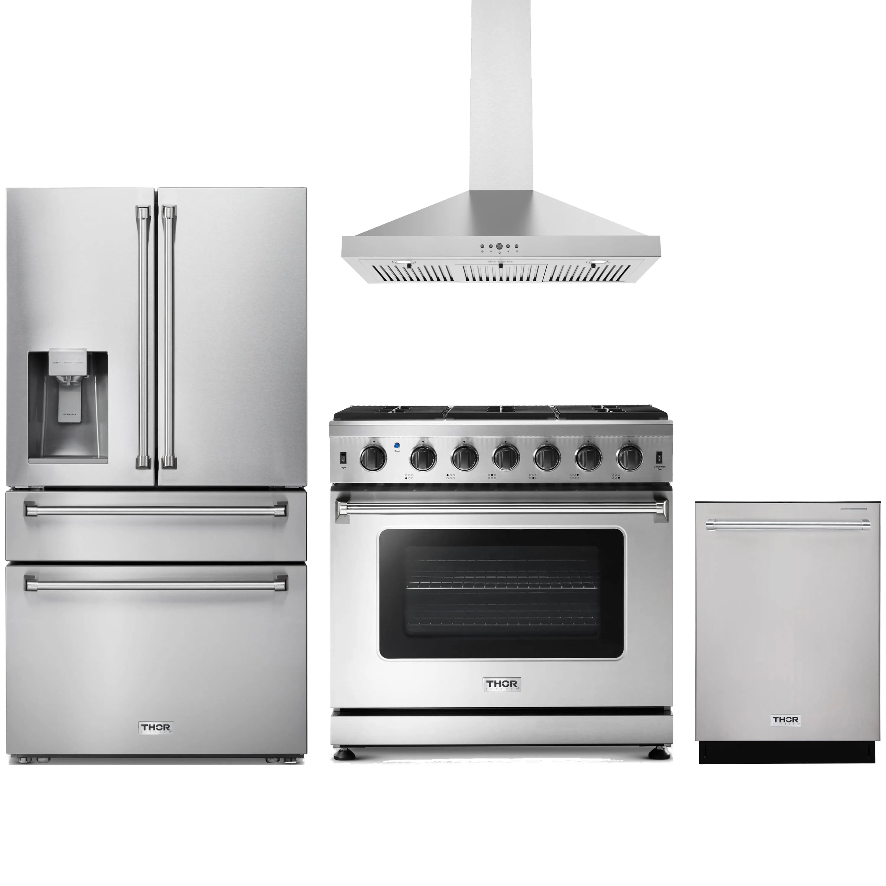 Stainless steel Thor Kitchen appliance package with 36-inch range, range hood, refrigerator with water dispenser, dishwasher