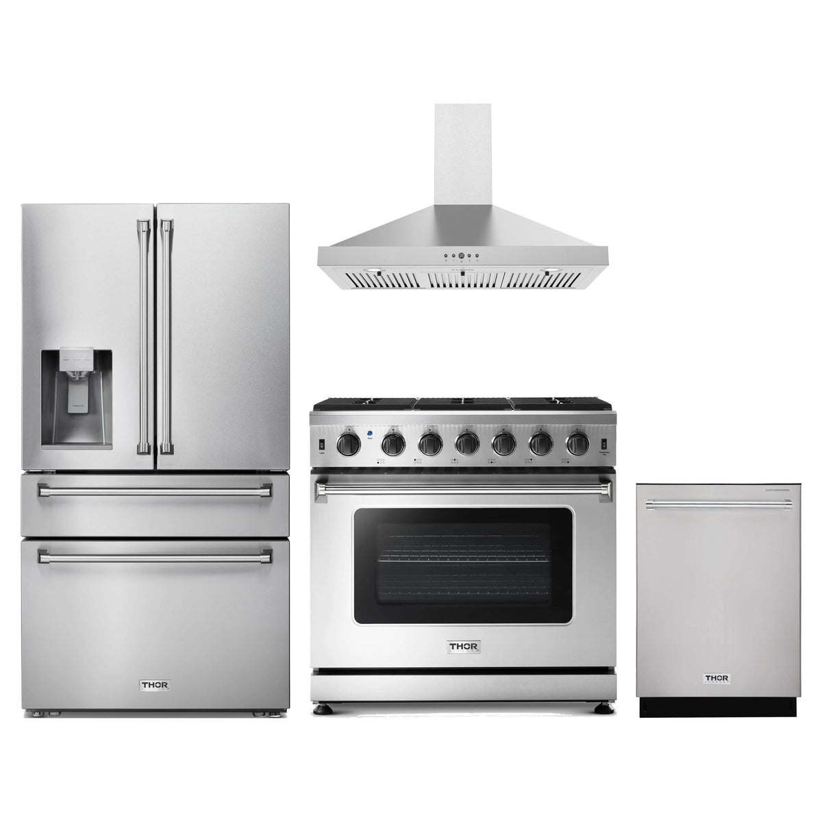 Thor Kitchen 4-Piece Appliance Package - 36-Inch Natural Gas Range, Refrigerator with Water Dispenser, Wall Mount Hood, & Dishwasher in Stainless Steel