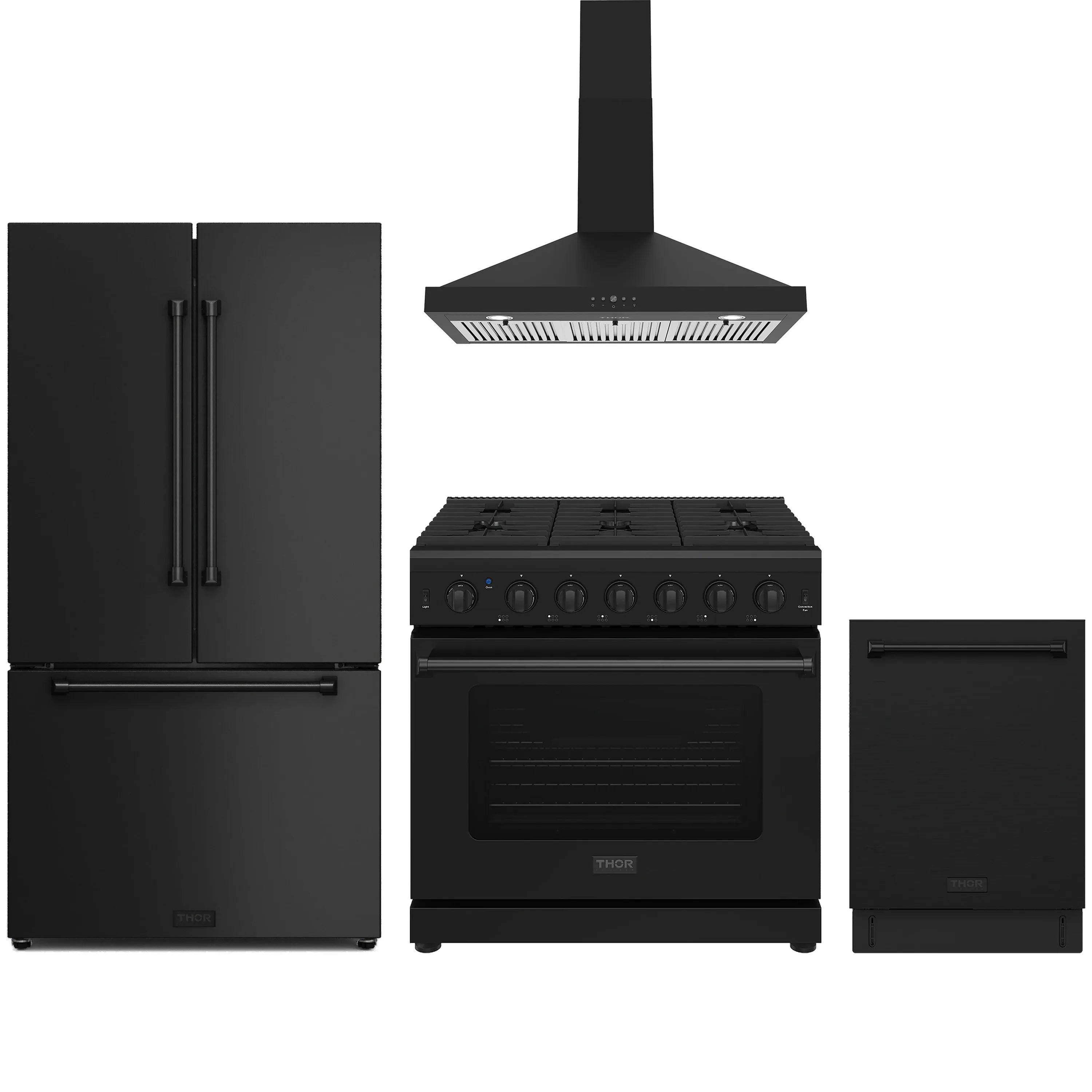Black appliance package bundle with refrigerator, range, dishwasher, and wall hood