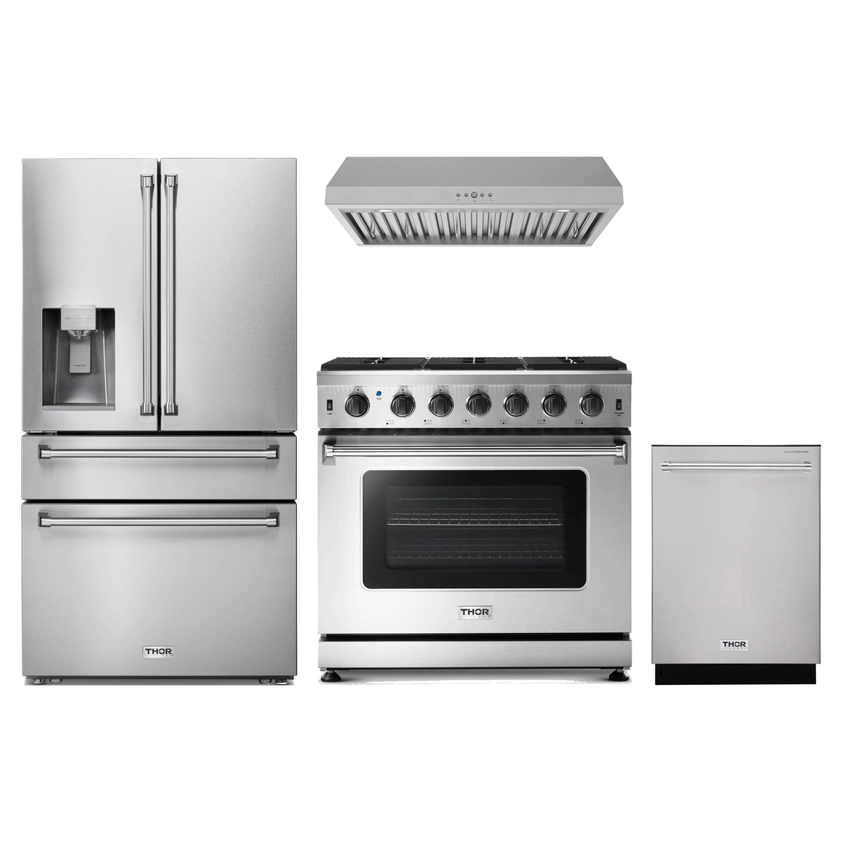Thor Kitchen 4-Piece Appliance Package - 36-Inch Propane Gas Range, Refrigerator with Water Dispenser, Under Cabinet Hood, & Dishwasher in Stainless Steel