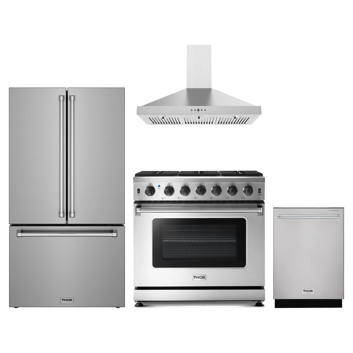 Thor Kitchen 4-Piece Appliance Package - 36-Inch Propane Gas Range, Counter-Depth Refrigerator, Wall Mount Hood, & Dishwasher in Stainless Steel