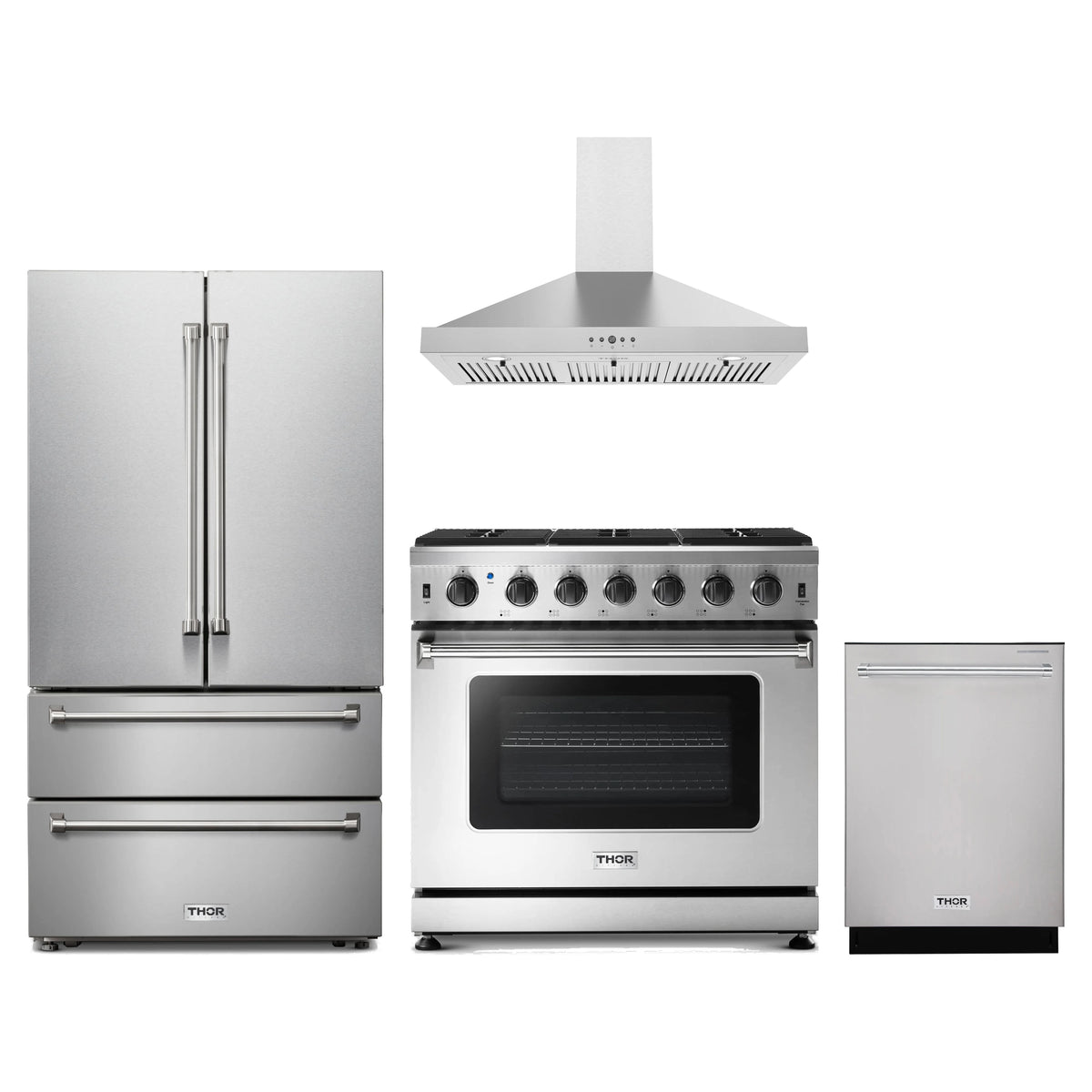 Thor Kitchen 4-Piece Appliance Package - 36-Inch Propane Gas Range, French Door Refrigerator, Wall Mount Hood, & Dishwasher in Stainless Steel