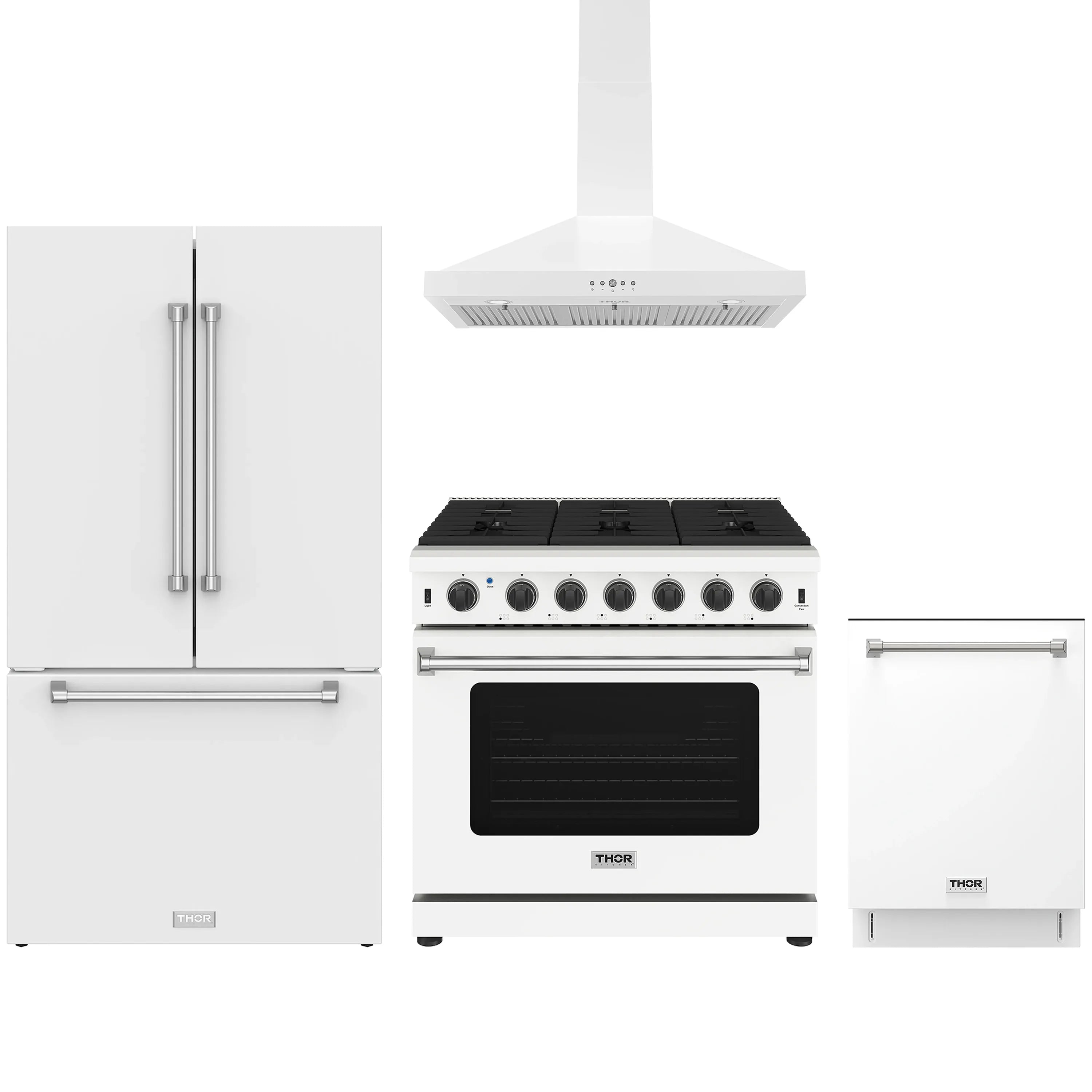 White 4-piece appliance package with refrigerator, gas range, wall hood, and dishwasher.