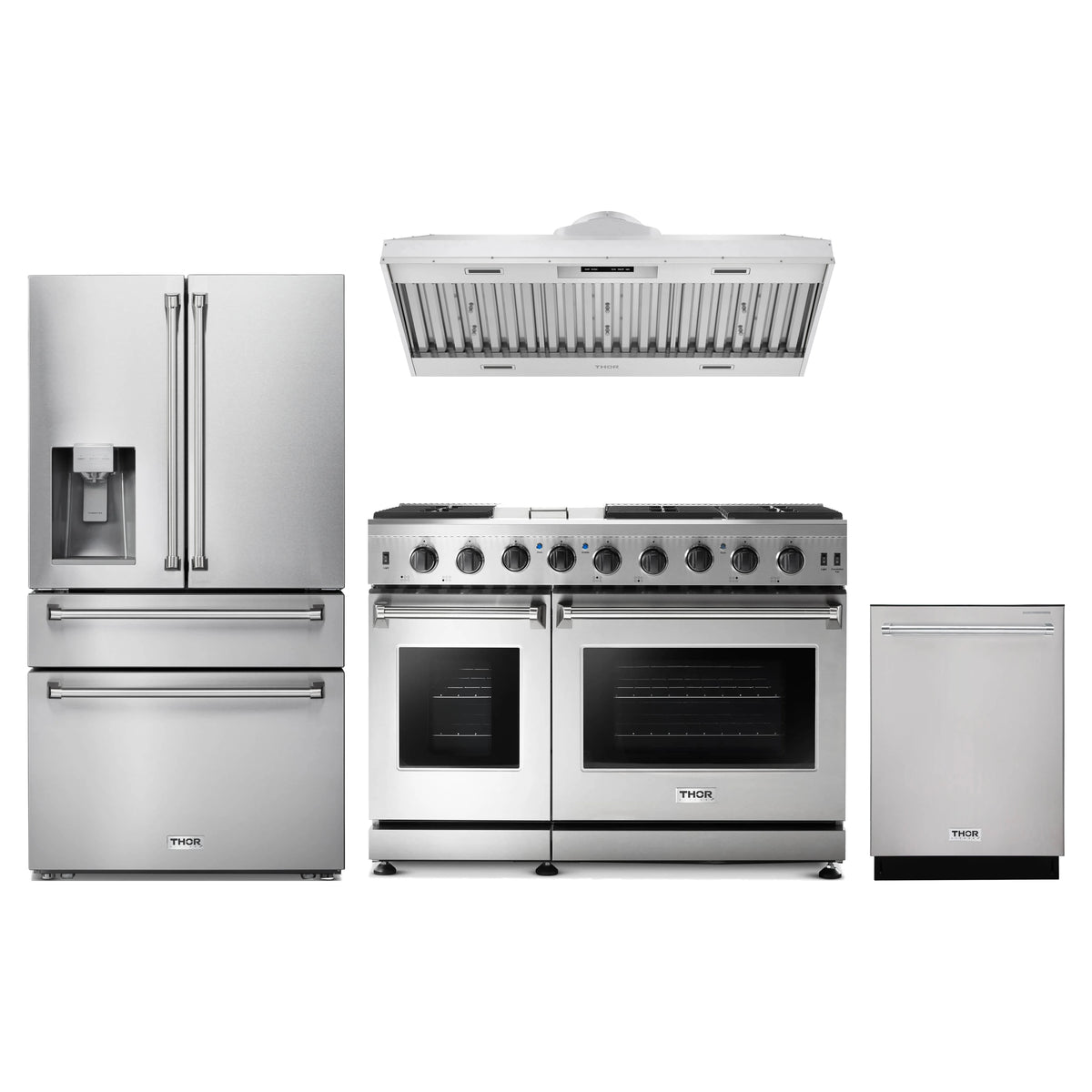Thor Kitchen 4-Piece Appliance Package - 48-Inch Natural Gas Range, Refrigerator with Water Dispenser, Hood Insert, & Dishwasher in Stainless Steel