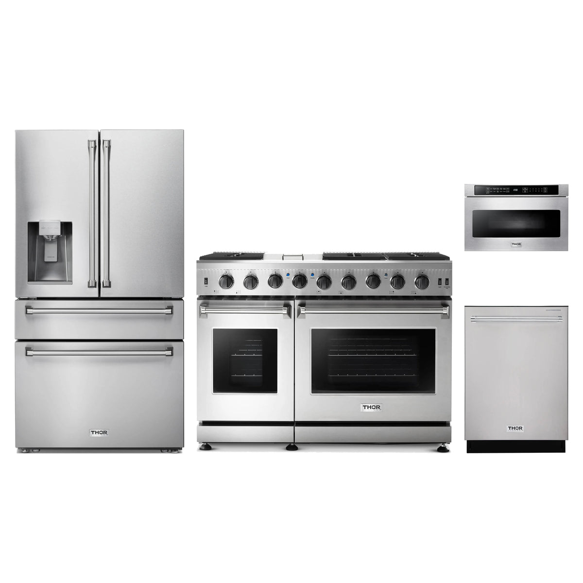 Thor Kitchen 4-Piece Appliance Package - 48-Inch Natural Gas Range, Refrigerator with Water Dispenser, Dishwasher, & Microwave Drawer in Stainless Steel