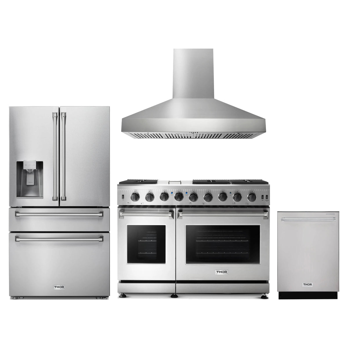 Thor Kitchen 4-Piece Appliance Package - 48-Inch Natural Gas Range, Refrigerator with Water Dispenser, Wall Mount Hood, & Dishwasher in Stainless Steel