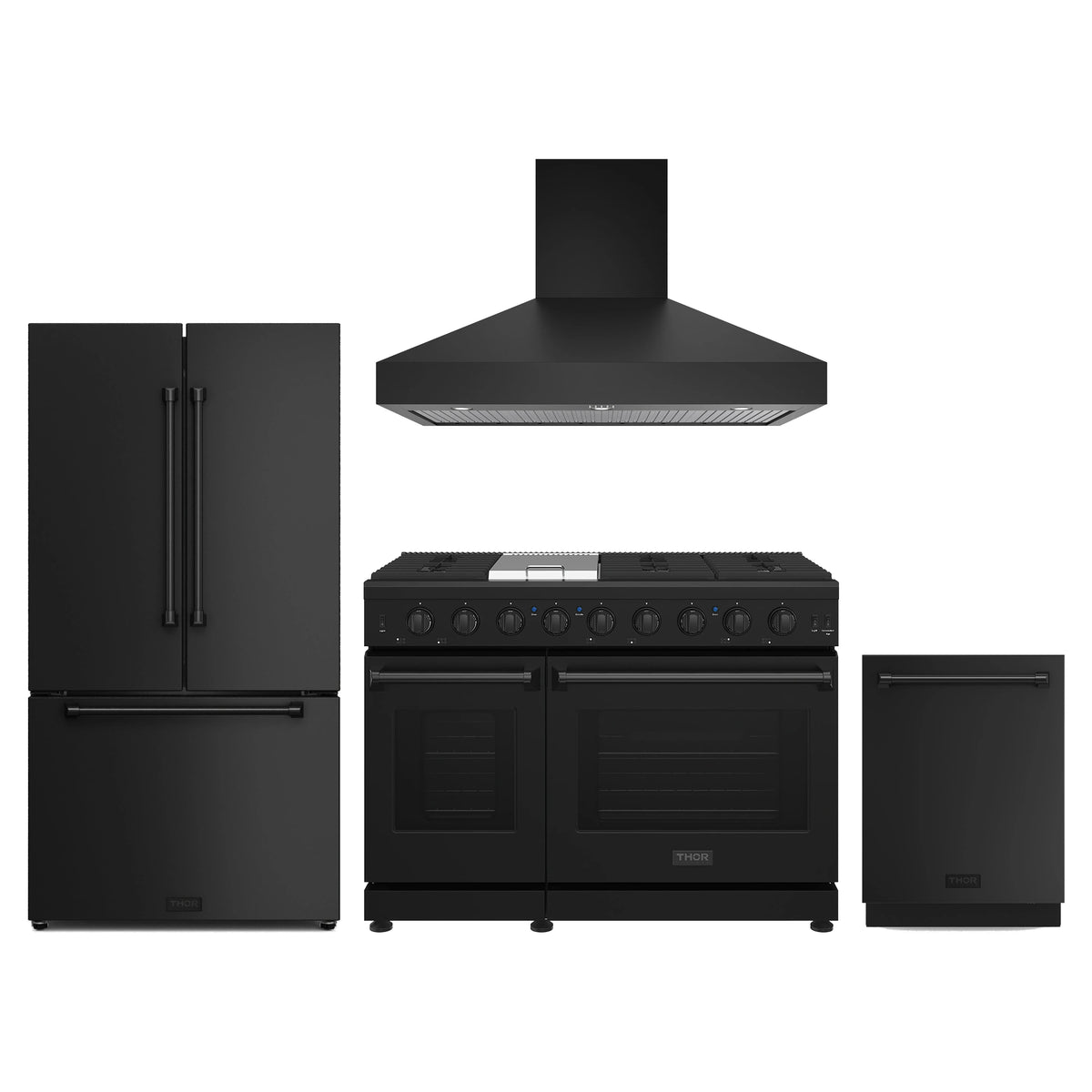 Thor Kitchen 4-Piece Appliance Package - 48-Inch Propane Gas Range, Counter-Depth Refrigerator, Wall Mount Hood, & Dishwasher in Black