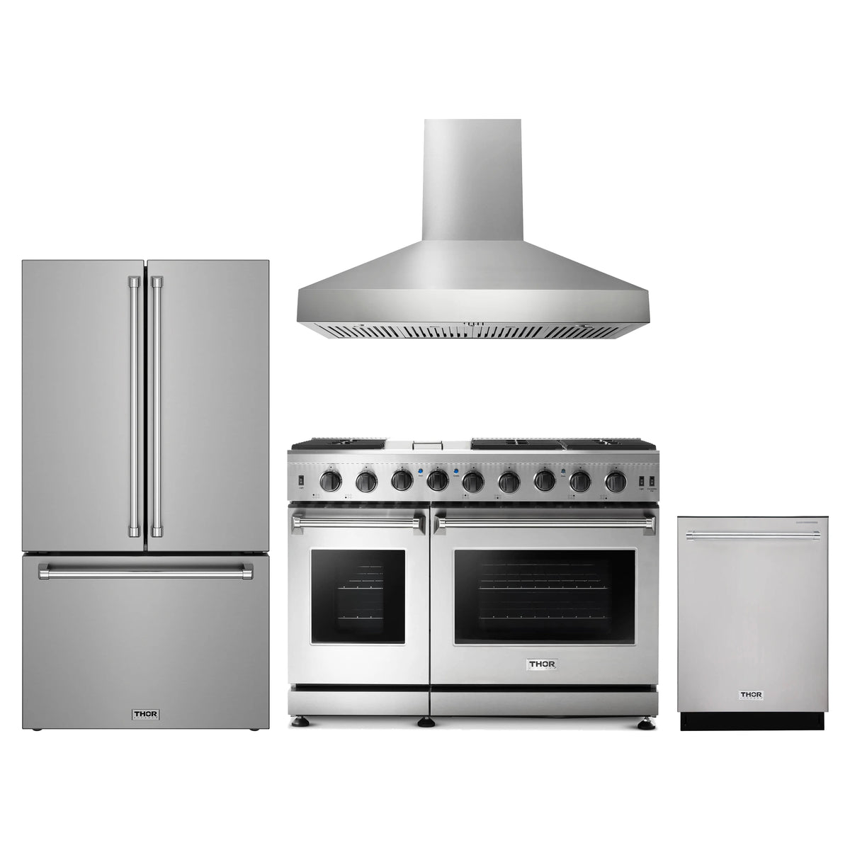 Thor Kitchen 4-Piece Appliance Package - 48-Inch Propane Gas Range, Counter-Depth Refrigerator, Wall Mount Hood, & Dishwasher in Stainless Steel