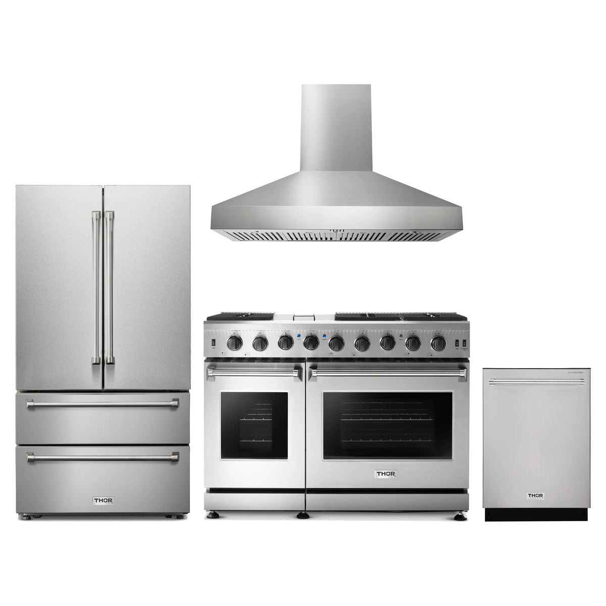 Thor Kitchen 4-Piece Appliance Package - 48-Inch Propane Gas Range, French Door Refrigerator, Wall Mount Hood, & Dishwasher in Stainless Steel