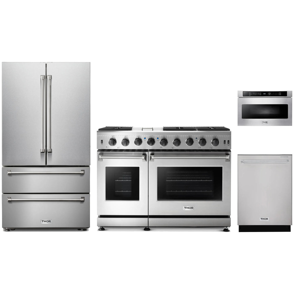 Stainless steel 4-piece appliance set: French door fridge, gas range, dishwasher, microwave drawer