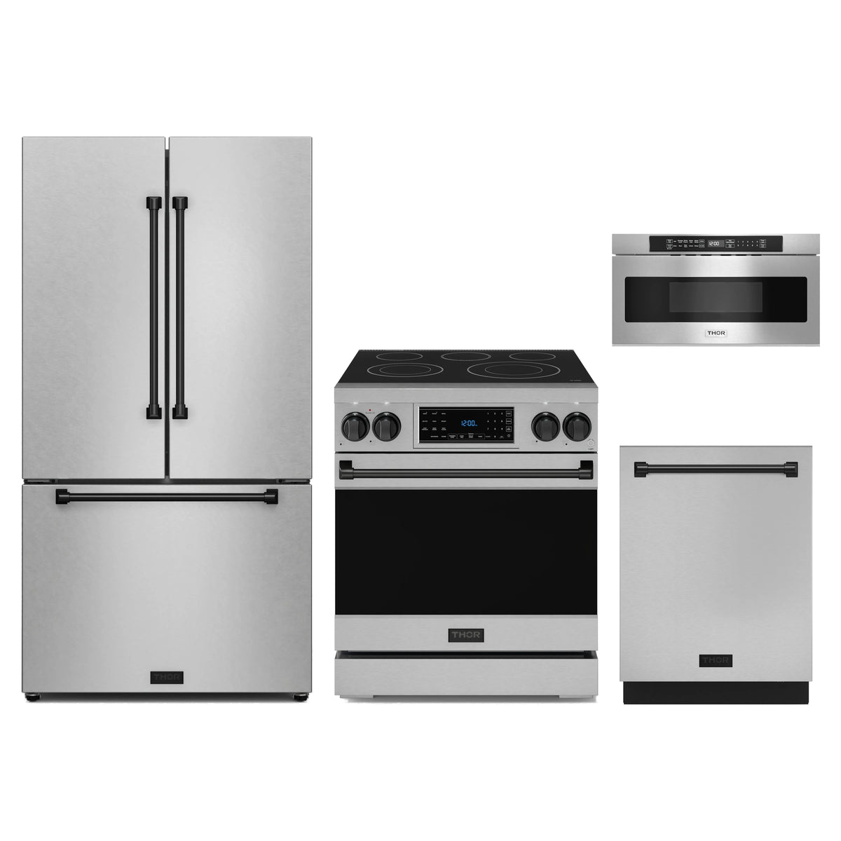 Gordon Ramsay by Thor Kitchen 4-Piece Appliance Package - 30-Inch Electric Range with Tilt Panel, Counter-Depth Refrigerator, Dishwasher, & Microwave Drawer in Stainless Steel with Black Trim