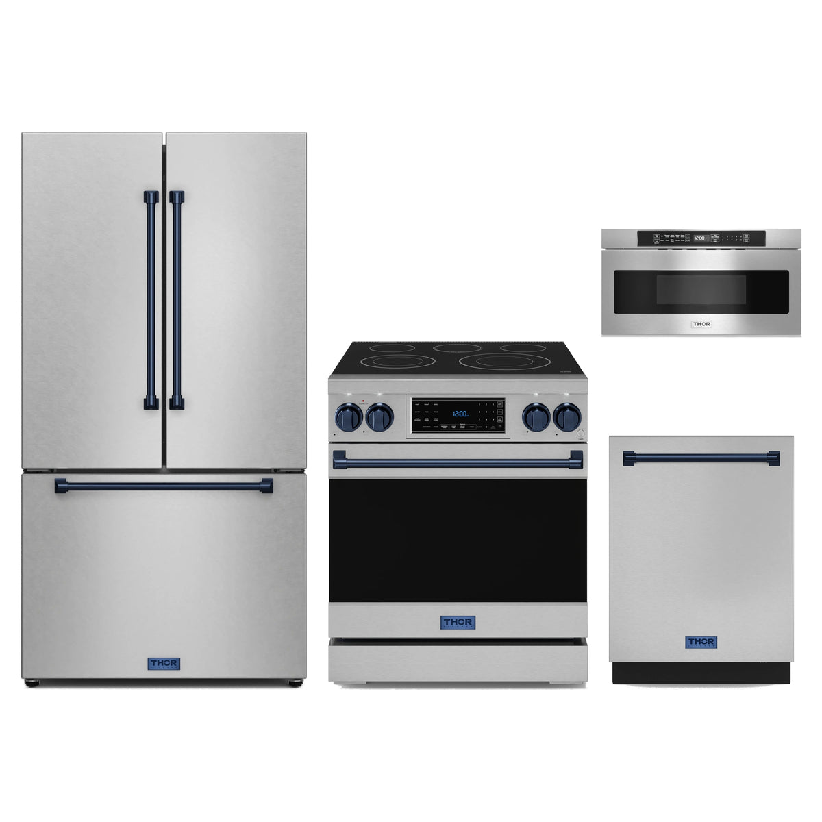 Gordon Ramsay by Thor Kitchen 4-Piece Appliance Package - 30-Inch Electric Range with Tilt Panel, Counter-Depth Refrigerator, Dishwasher, & Microwave Drawer in Stainless Steel with Blue Trim