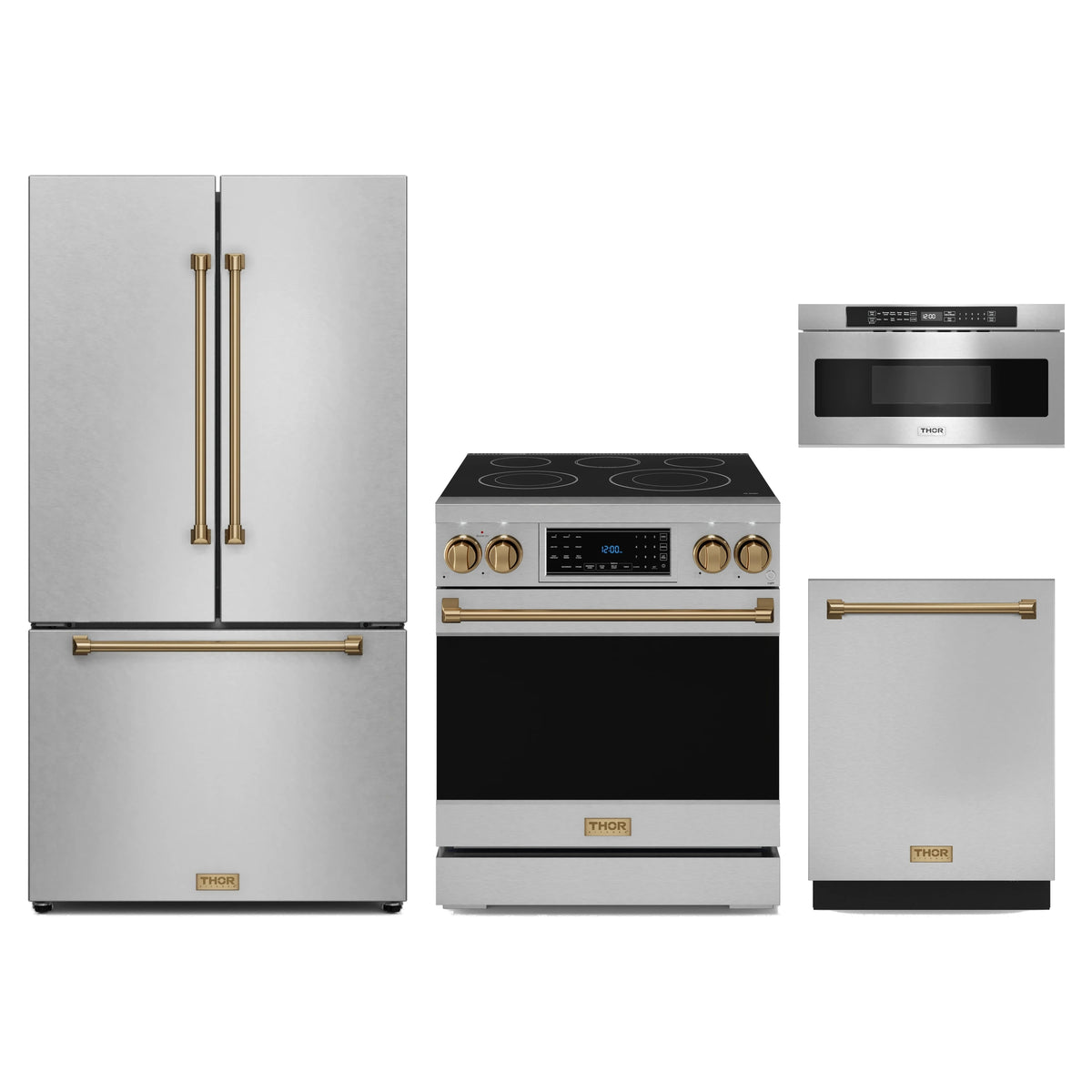 Gordon Ramsay by Thor Kitchen 4-Piece Appliance Package - 30-Inch Electric Range with Tilt Panel, Counter-Depth Refrigerator, Dishwasher, & Microwave Drawer in Stainless Steel with Bronze Trim
