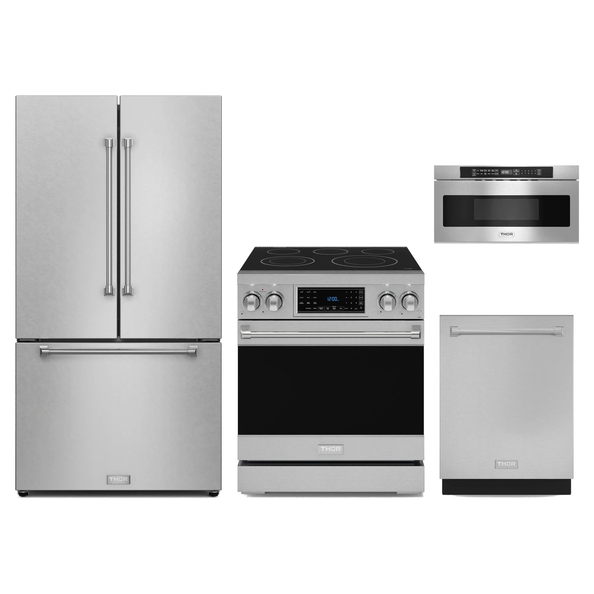 Gordon Ramsay by Thor Kitchen 4-Piece Appliance Package - 30-Inch Electric Range with Tilt Panel, Counter-Depth Refrigerator, Dishwasher, & Microwave Drawer in Stainless Steel