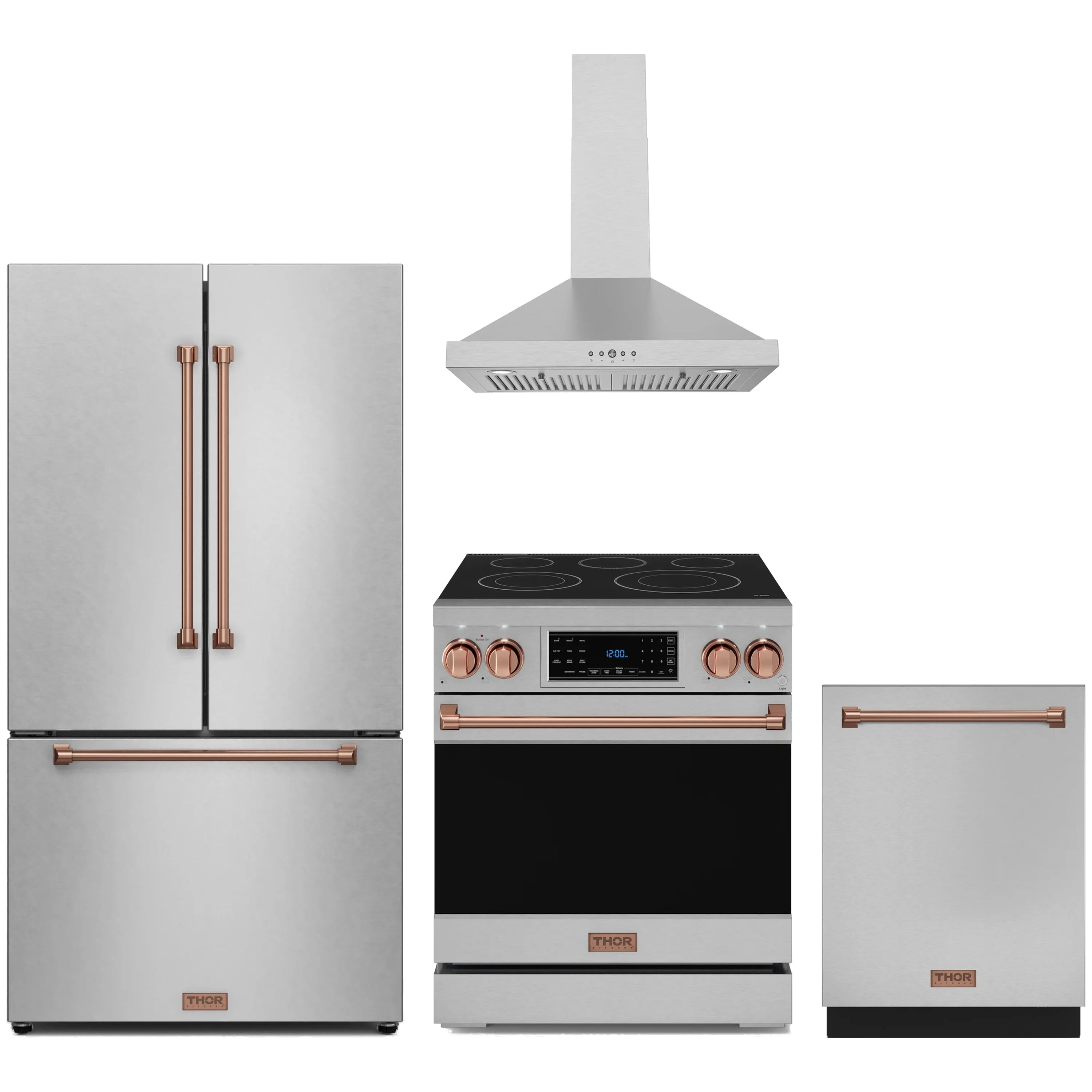 Stainless steel appliance package with rose gold trim: fridge and electric range with hood