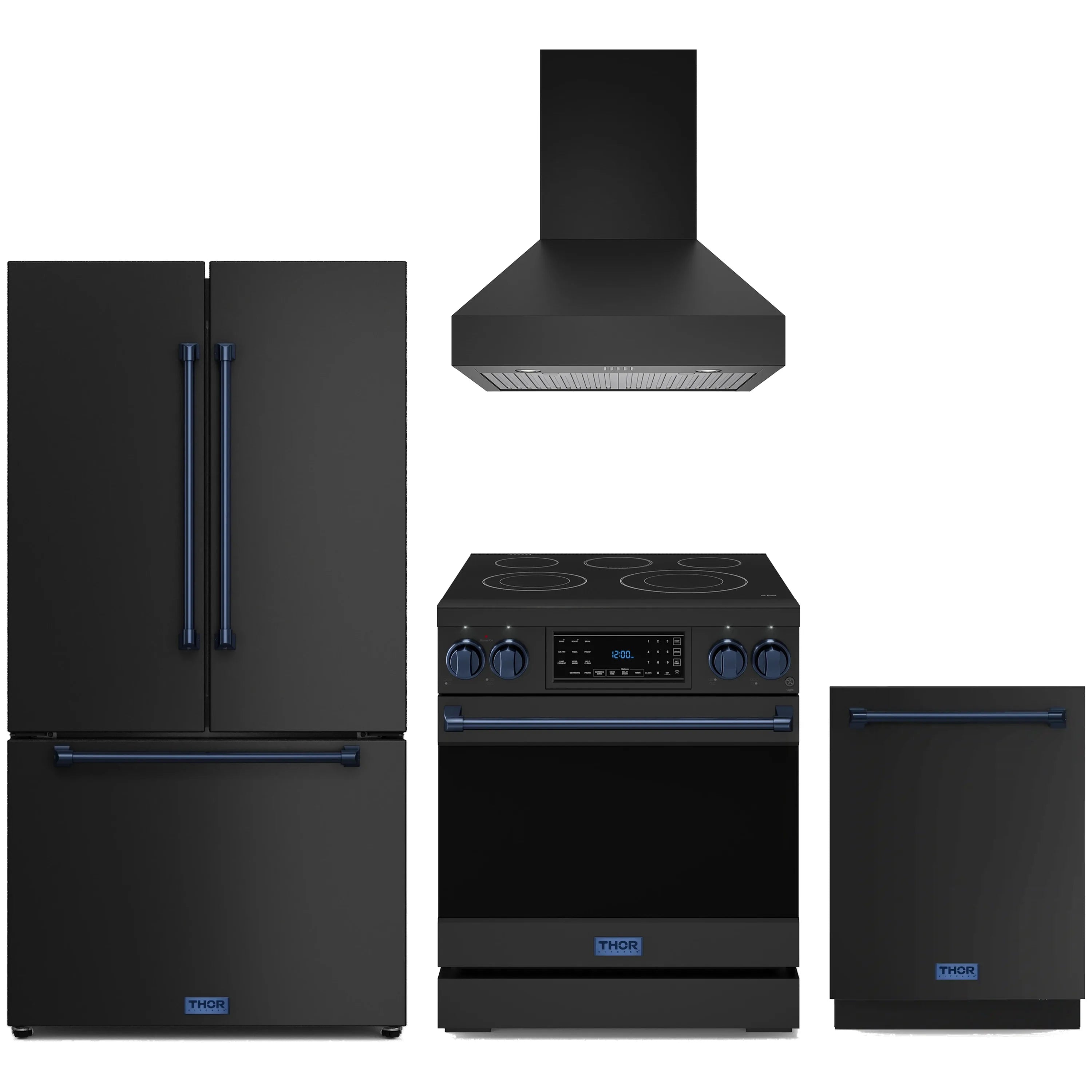 Black appliance package with blue trim: range, hood, refrigerator, dishwasher.