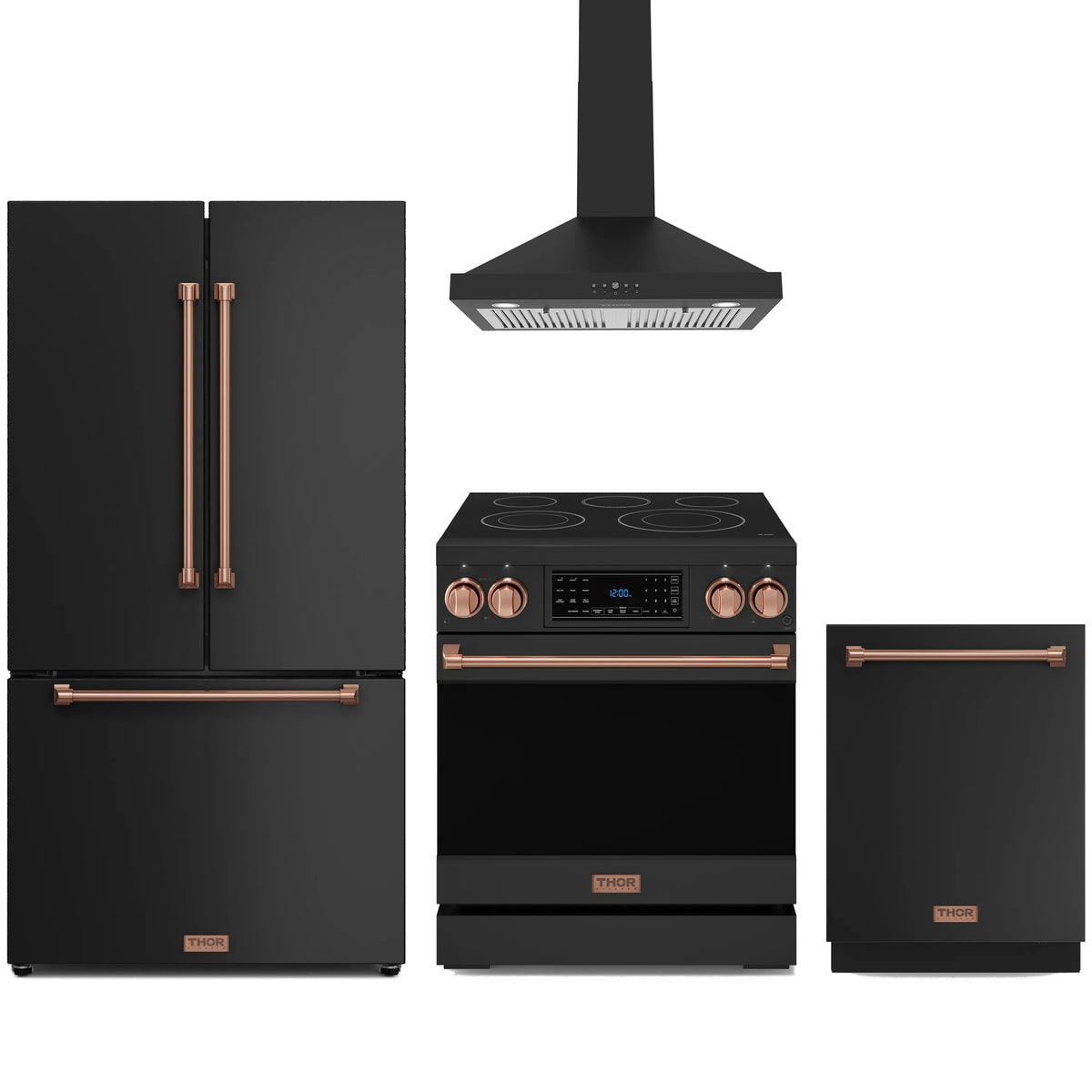 Black appliance package with rose-gold trim: range hood, electric range, fridge, dishwasher