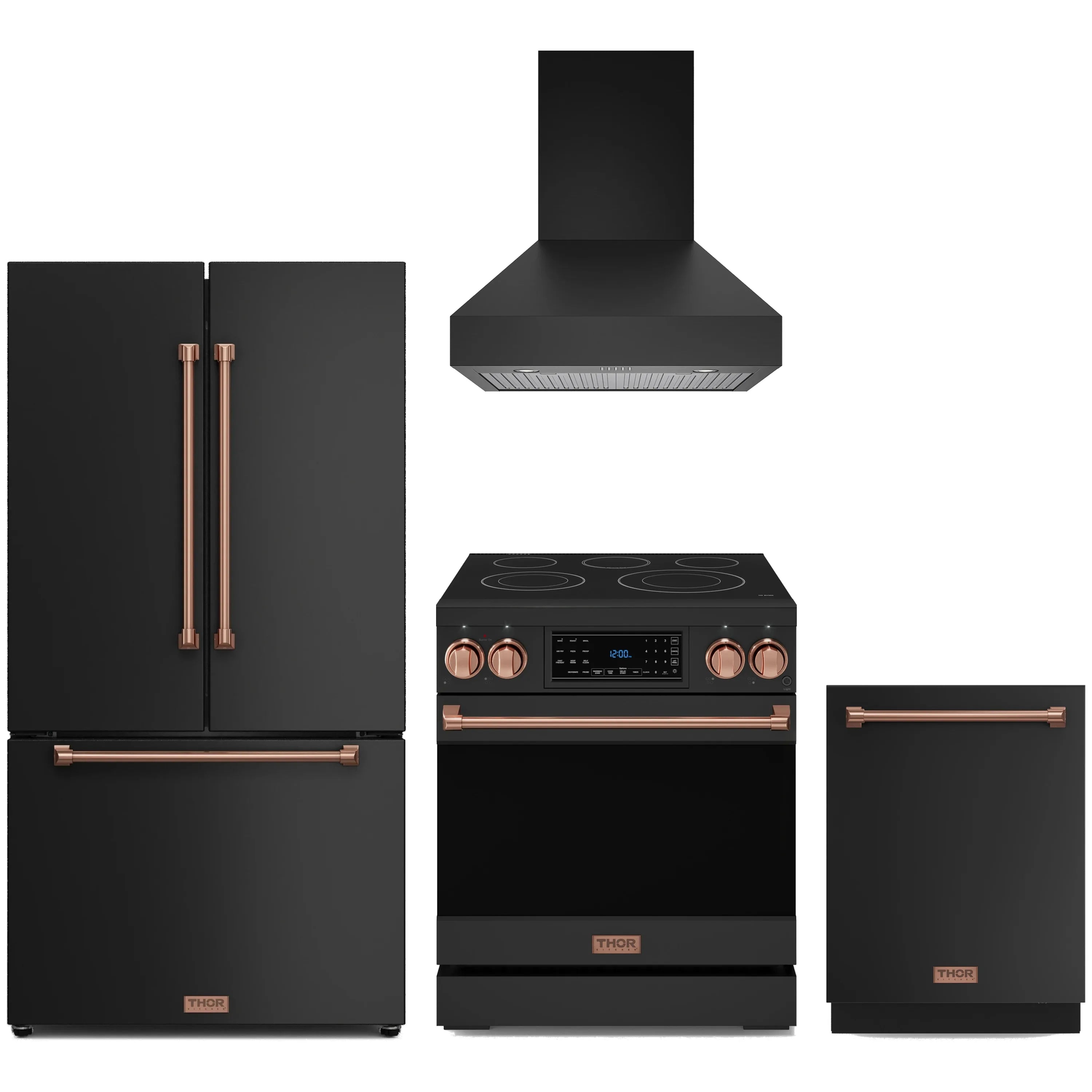 Black appliance package with rose-gold trim: range hood, electric range, fridge, dishwasher