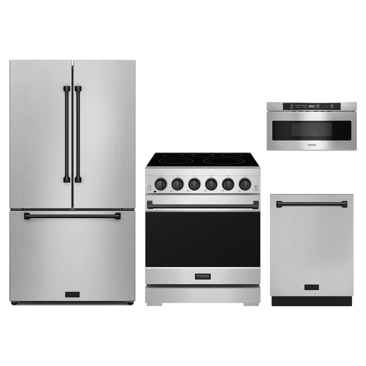 Gordon Ramsay by Thor Kitchen 4-Piece Appliance Package - 30-Inch Electric Range, Counter-Depth Refrigerator, Dishwasher, & Microwave Drawer in Stainless Steel with Black Trim