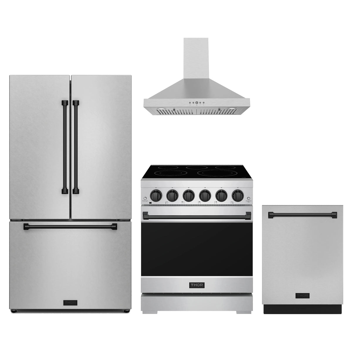 Gordon Ramsay by Thor Kitchen 4-Piece Appliance Package - 30-Inch Electric Range, Counter-Depth Refrigerator, Wall Mount Hood, & Dishwasher in Stainless Steel with Black Trim
