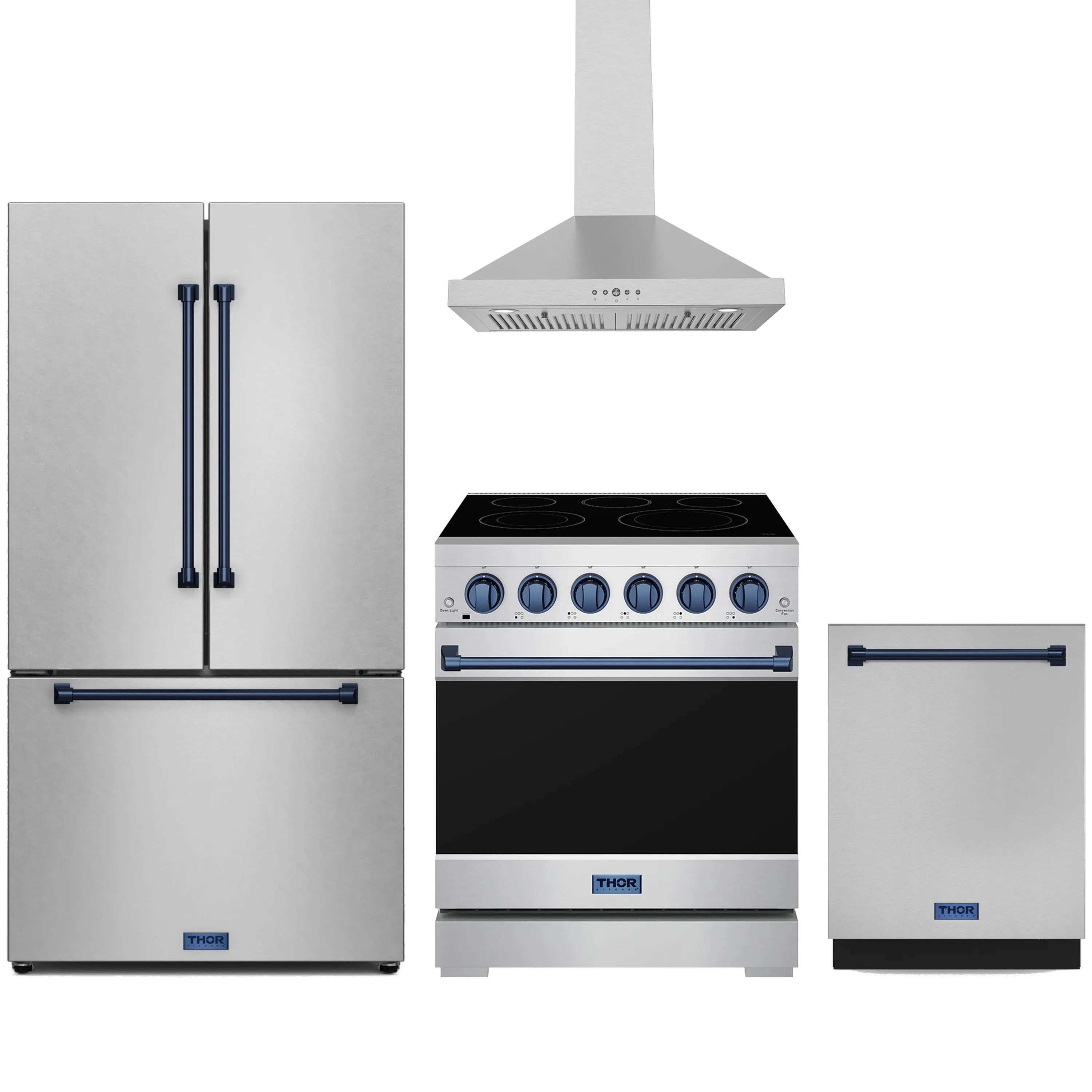 Stainless steel appliance package with blue-trim range, hood, refrigerator, and dishwasher
