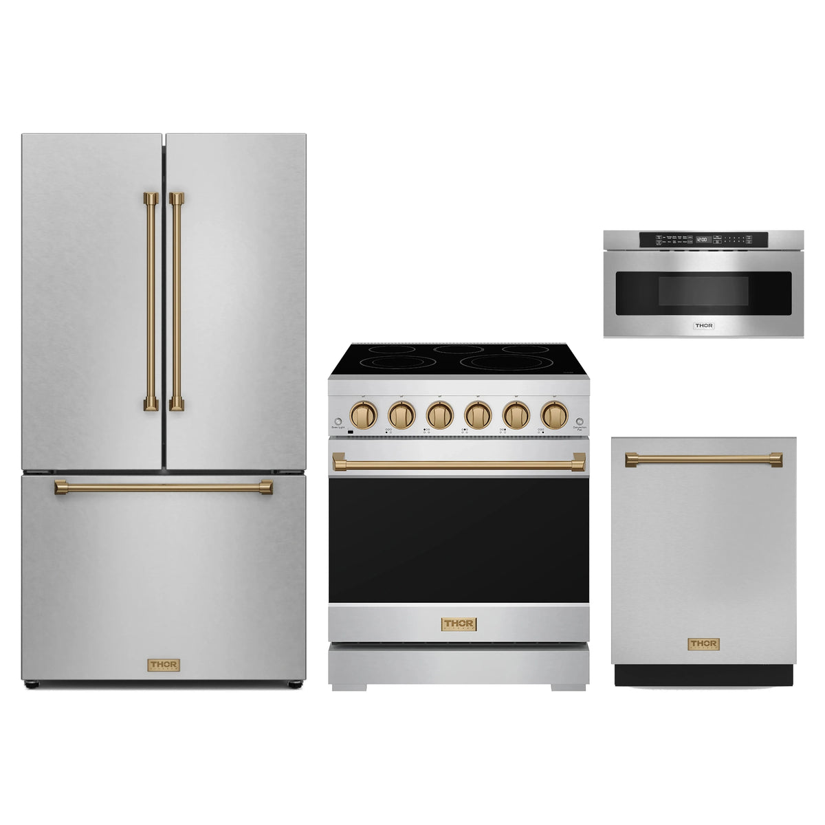 Gordon Ramsay by Thor Kitchen 4-Piece Appliance Package - 30-Inch Electric Range, Counter-Depth Refrigerator, Dishwasher, & Microwave Drawer in Stainless Steel with Bronze Trim