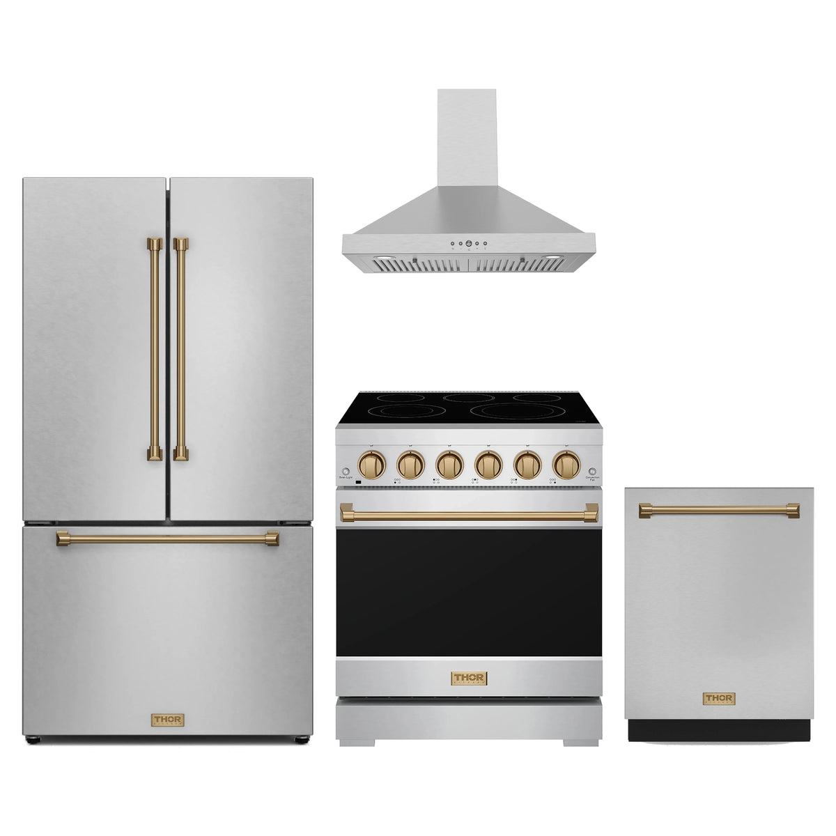 Gordon Ramsay by Thor Kitchen 4-Piece Appliance Package - 30-Inch Electric Range, Counter-Depth Refrigerator, Wall Mount Hood, & Dishwasher in Stainless Steel with Bronze Trim