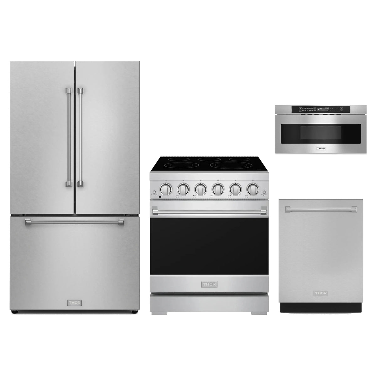 Gordon Ramsay by Thor Kitchen 4-Piece Appliance Package - 30-Inch Electric Range, Counter-Depth Refrigerator, Dishwasher, & Microwave Drawer in Stainless Steel