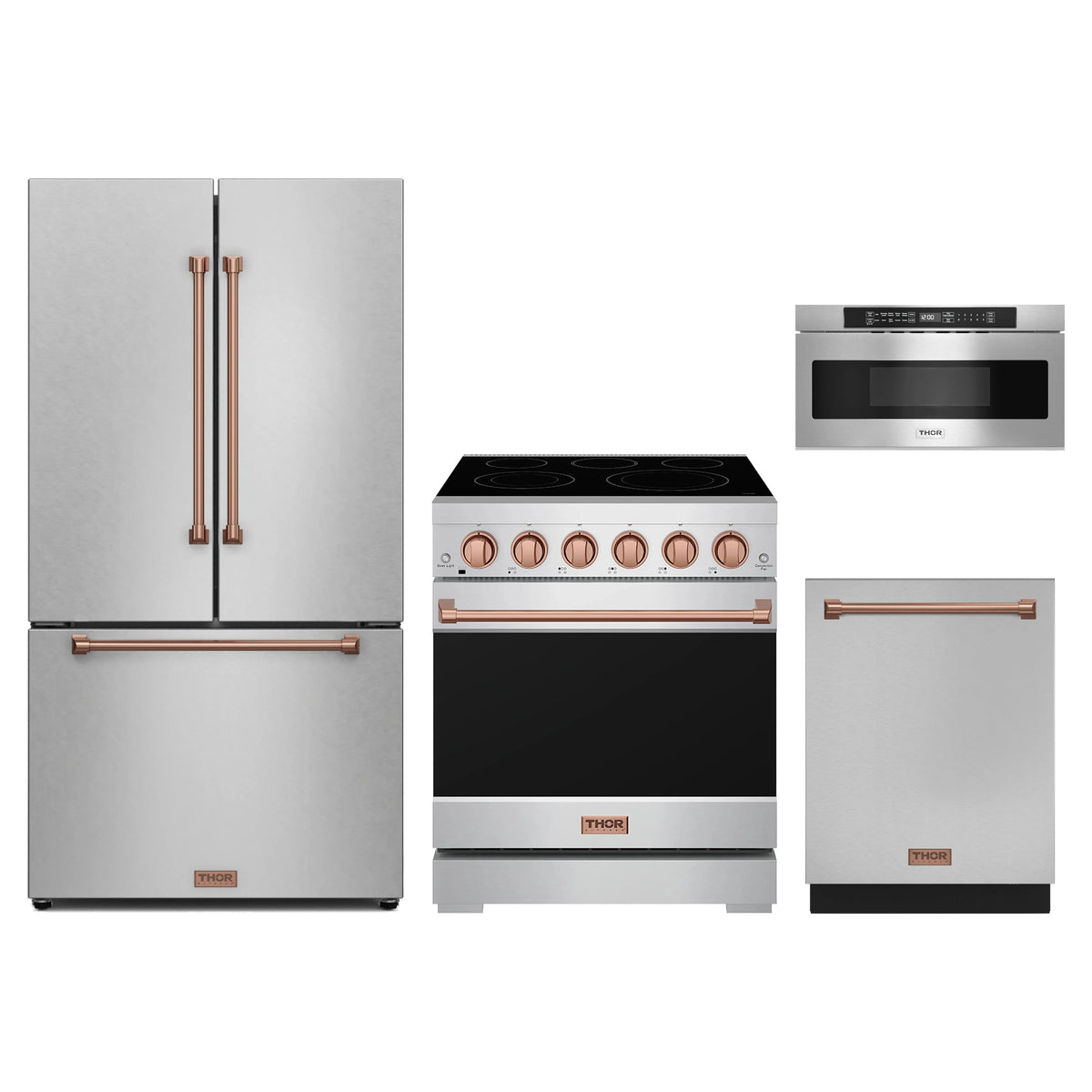Gordon Ramsay by Thor Kitchen 4-Piece Appliance Package - 30-Inch Electric Range, Counter-Depth Refrigerator, Dishwasher, & Microwave Drawer in Stainless Steel with Rose Gold Trim