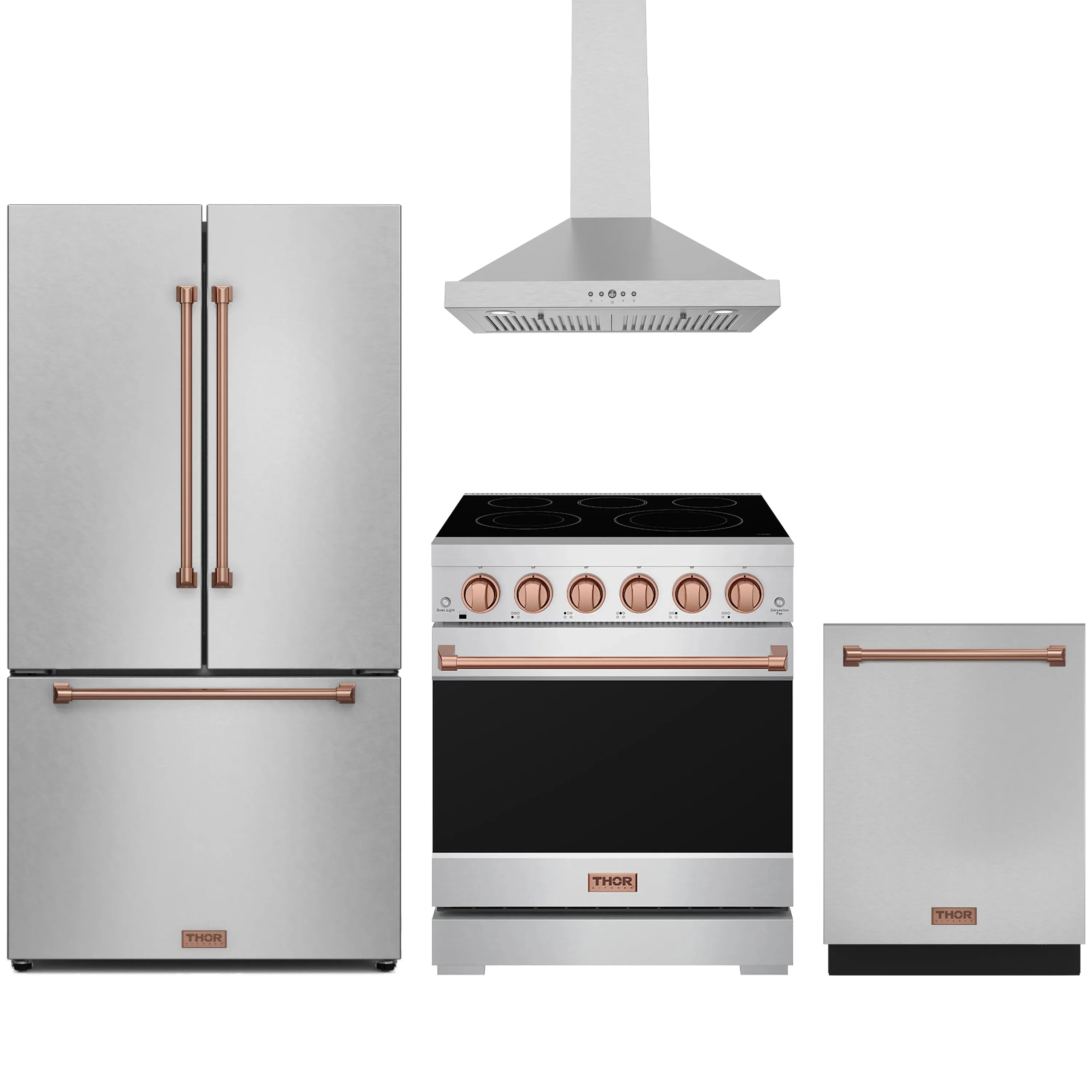 Stainless steel appliance bundle with electric range, refrigerator, and wall hood