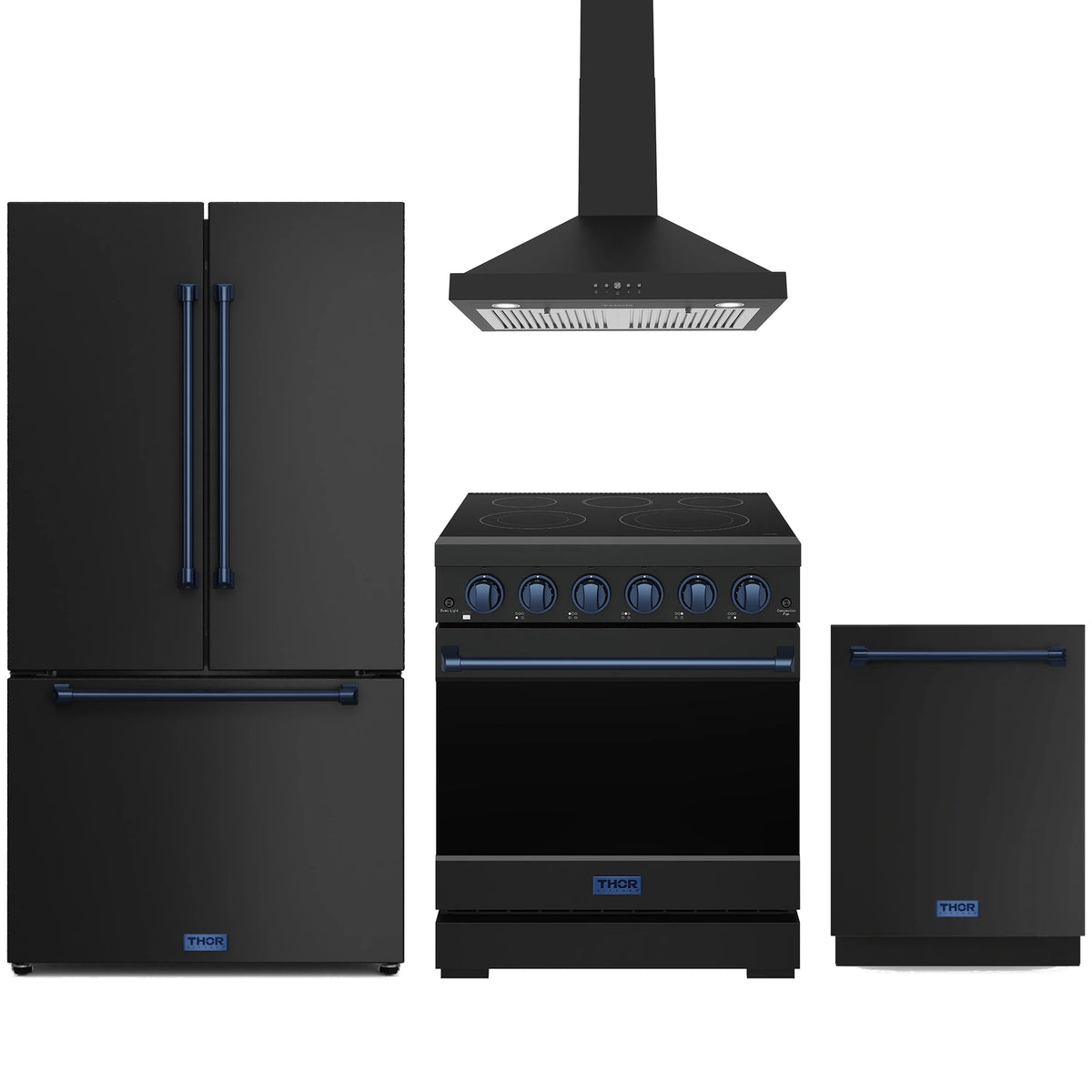 Black Gordon Ramsay by Thor Kitchen appliance package with blue trim: 30-inch electric range, wall mount range hood, French door refrigerator, dishwasher