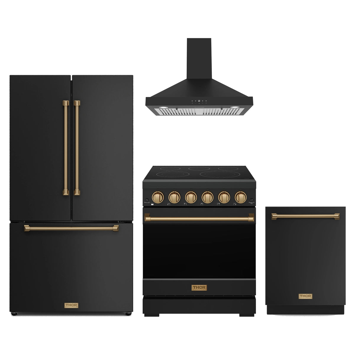 Gordon Ramsay by Thor Kitchen 4-Piece Appliance Package - 30-Inch Electric Range, Counter-Depth Refrigerator, Wall Mount Hood, & Dishwasher in Matte Black with Bronze Trim