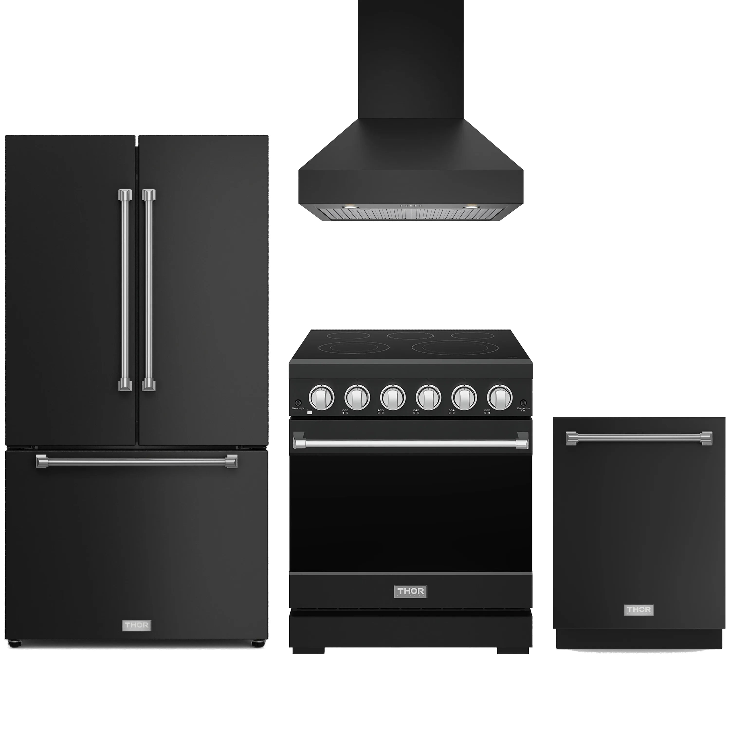 Black appliance package with electric range, counter-depth refrigerator, dishwasher, and wall hood