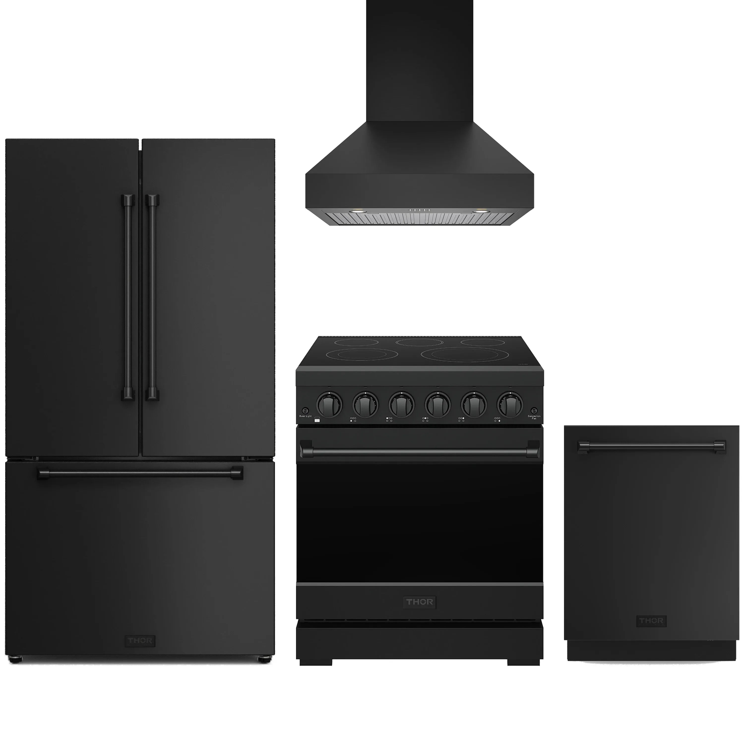 Black appliance set: refrigerator, electric range, dishwasher, and wall hood