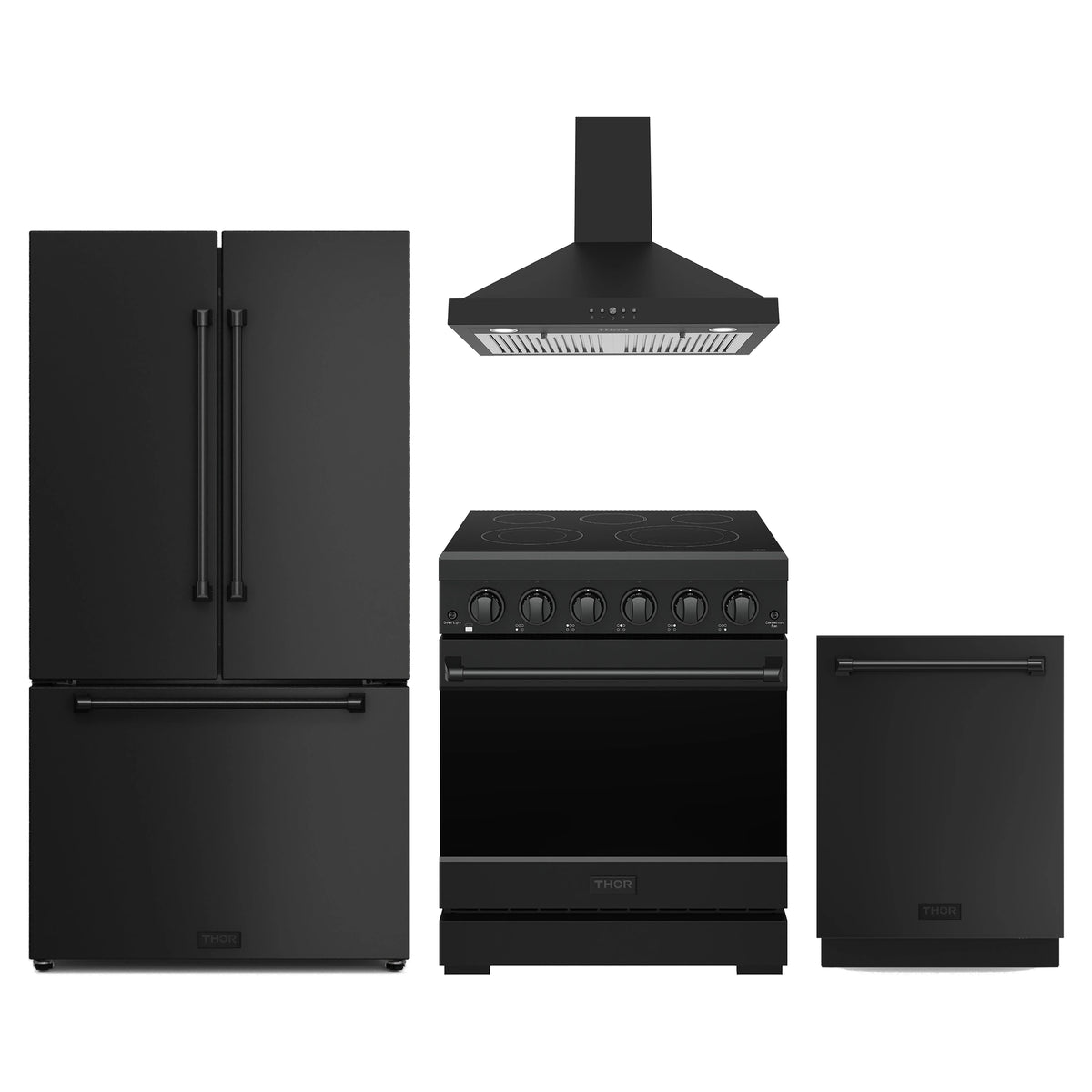 Gordon Ramsay by Thor Kitchen 4-Piece Appliance Package - 30-Inch Electric Range, Counter-Depth Refrigerator, Wall Mount Hood, & Dishwasher in Matte Black