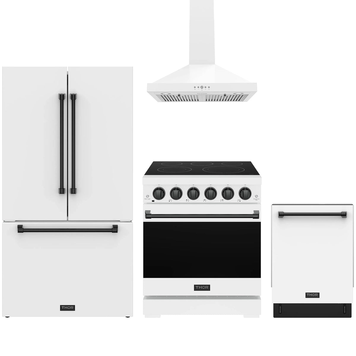 White Gordon Ramsay by Thor Kitchen appliance package with 30-inch electric range, wall mount range hood, counter-depth refrigerator, dishwasher