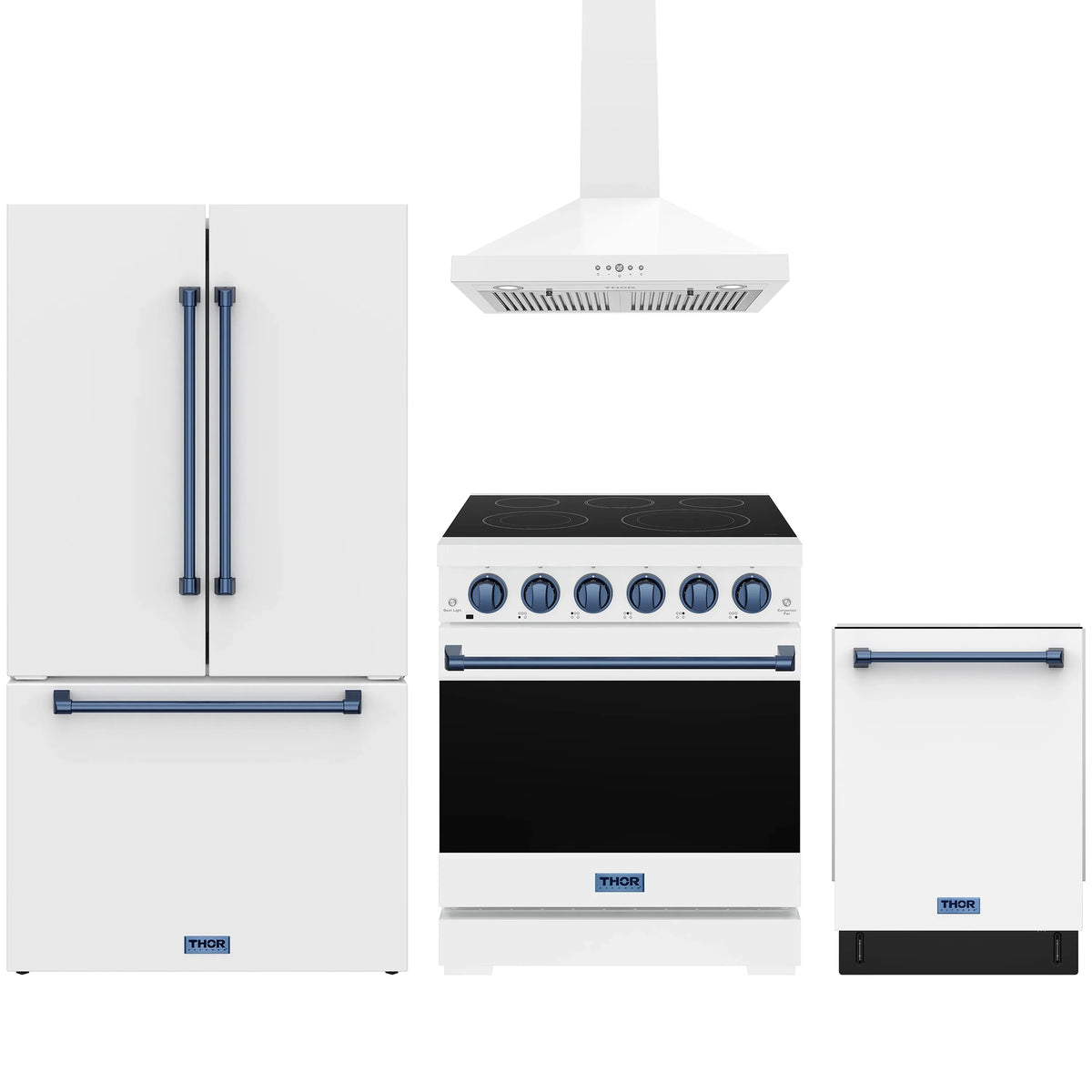 White Gordon Ramsay by Thor Kitchen appliance package with 30-inch electric range, wall mount range hood, counter-depth refrigerator, dishwasher