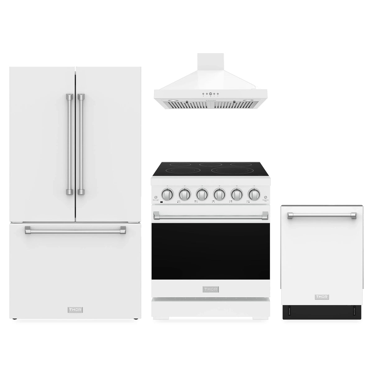 Gordon Ramsay by Thor Kitchen 4-Piece Appliance Package - 30-Inch Electric Range, French Door Refrigerator, Wall Mount Hood, & Dishwasher in White