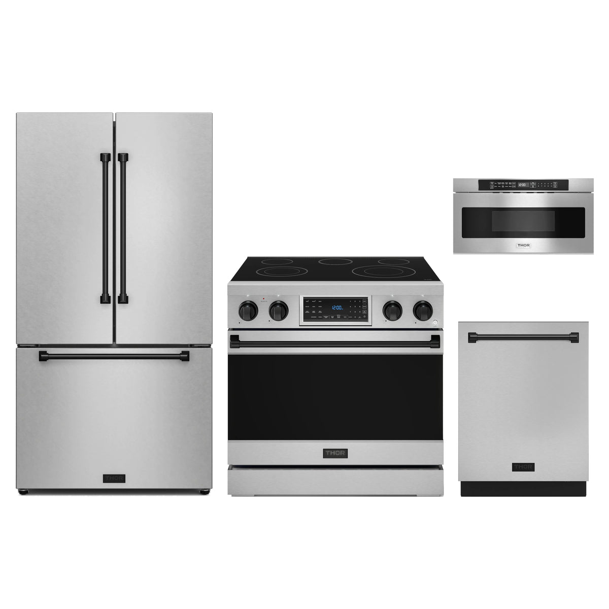 Gordon Ramsay by Thor Kitchen 4-Piece Appliance Package - 36-Inch Electric Range with Tilt Panel, Counter-Depth Refrigerator, Dishwasher, & Microwave Drawer in Stainless Steel with Black Trim