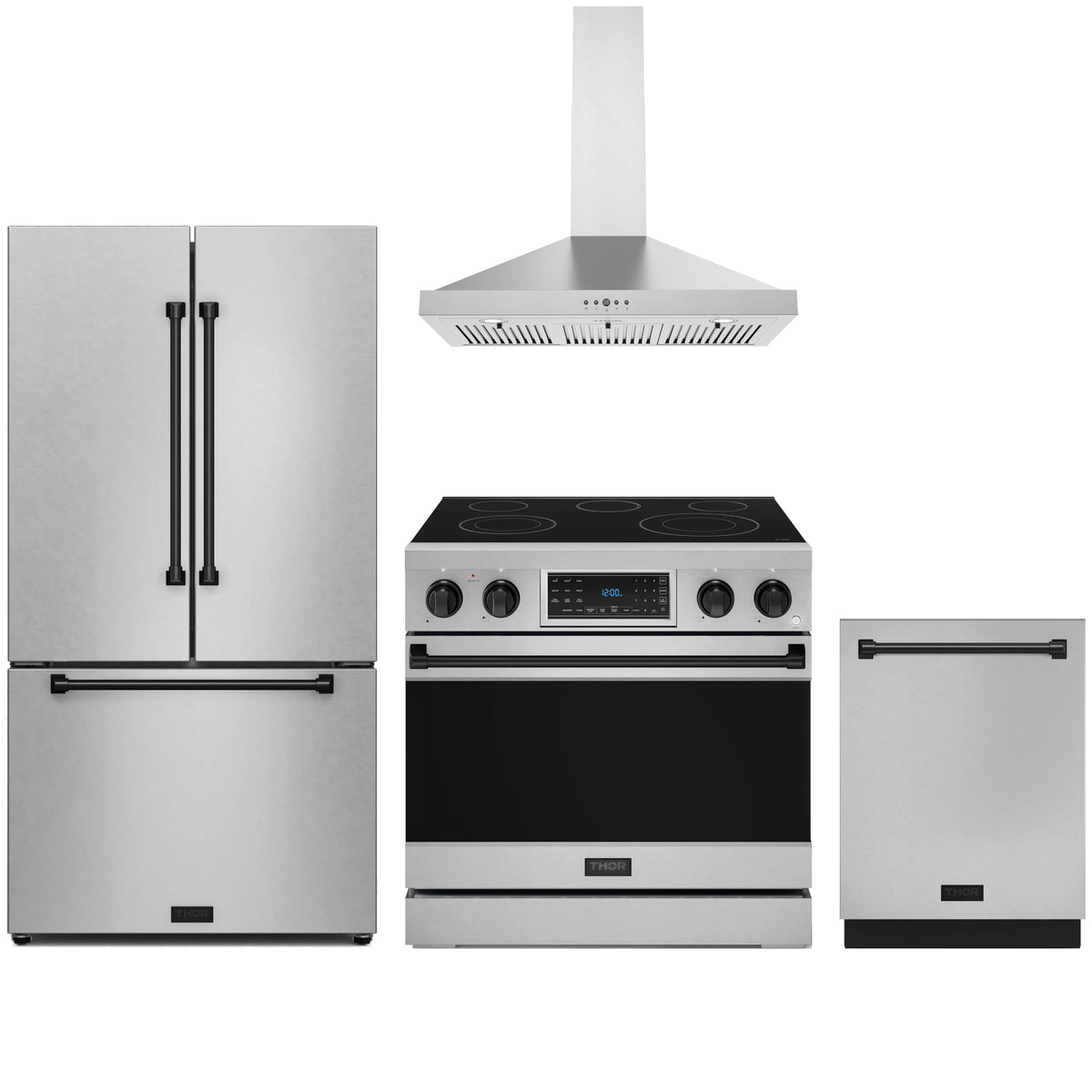 Stainless appliance package with electric range, wall hood, French door refrigerator, dishwasher