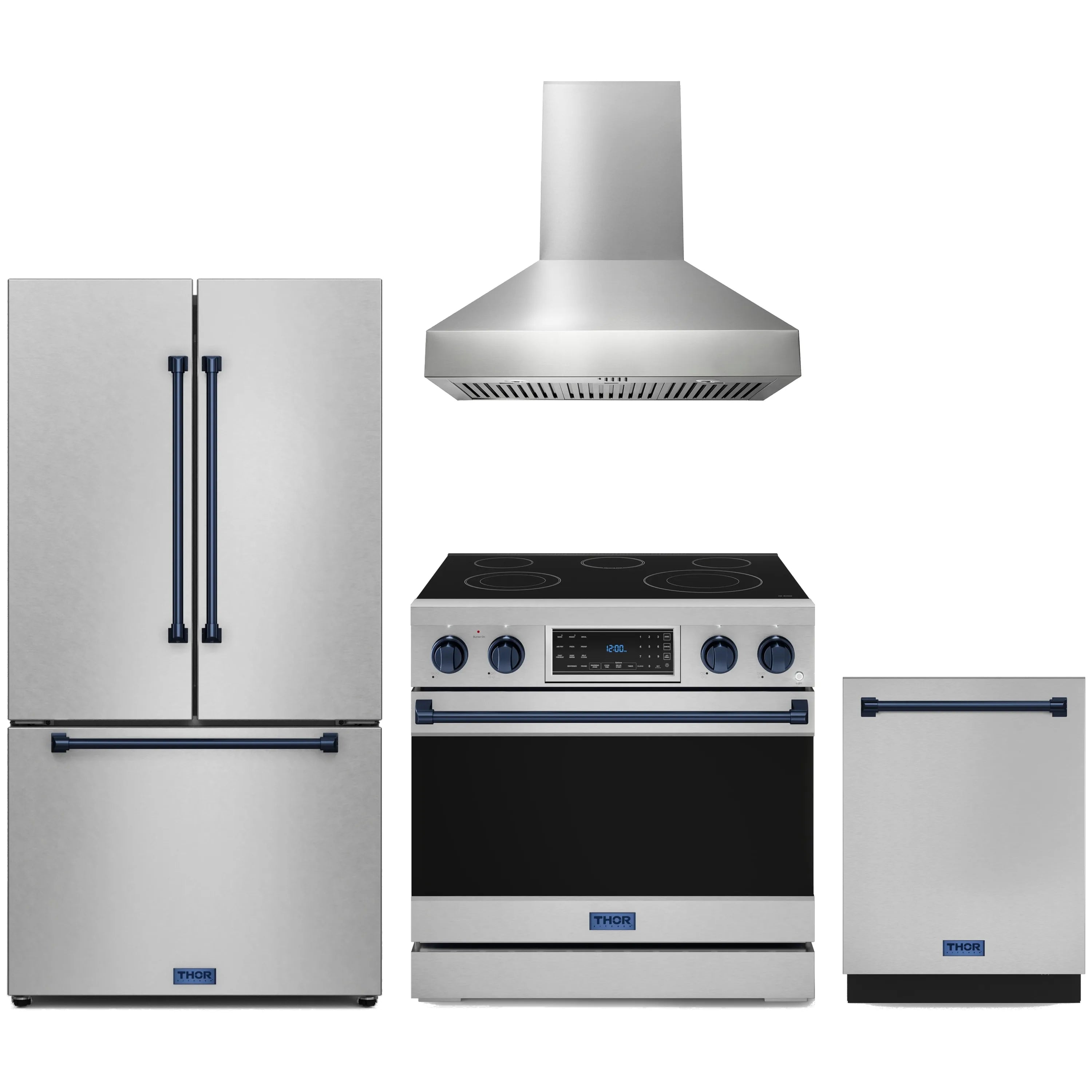 4-piece stainless steel appliance package with blue accents: fridge, range, hood, dishwasher