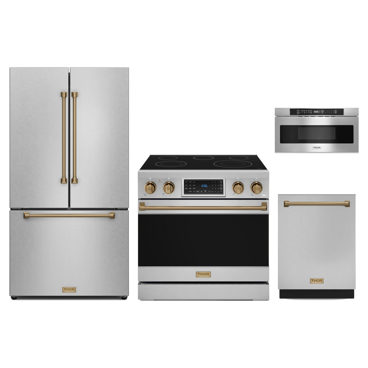 Gordon Ramsay by Thor Kitchen 4-Piece Appliance Package - 36-Inch Electric Range with Tilt Panel, Counter-Depth Refrigerator, Dishwasher, & Microwave Drawer in Stainless Steel with Bronze Trim