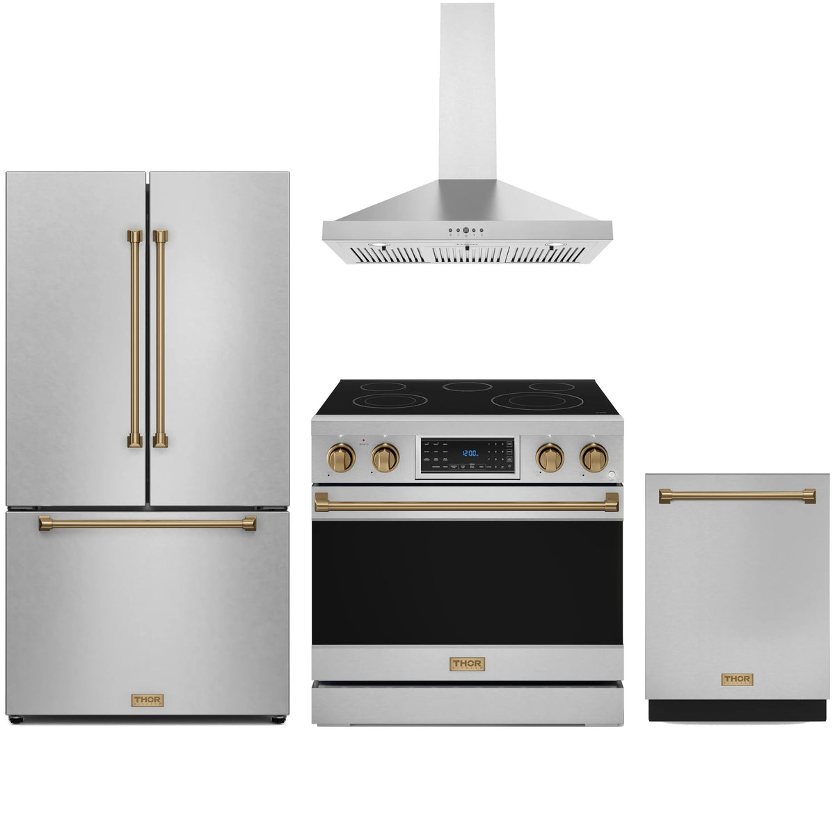 4-piece stainless appliance package with bronze trim: wall hood, electric range, refrigerator