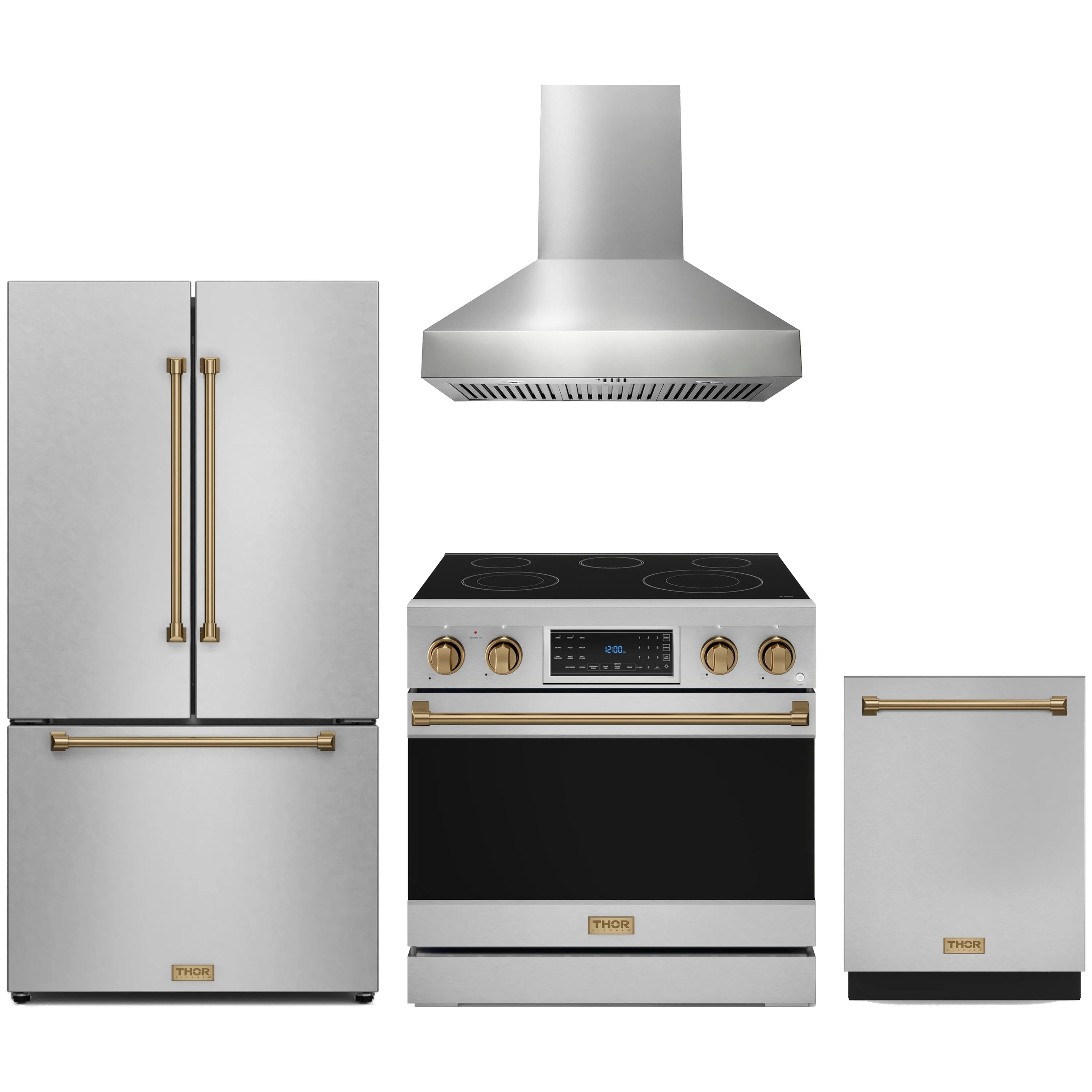 4-piece stainless appliance package with bronze trim: wall hood, electric range, refrigerator