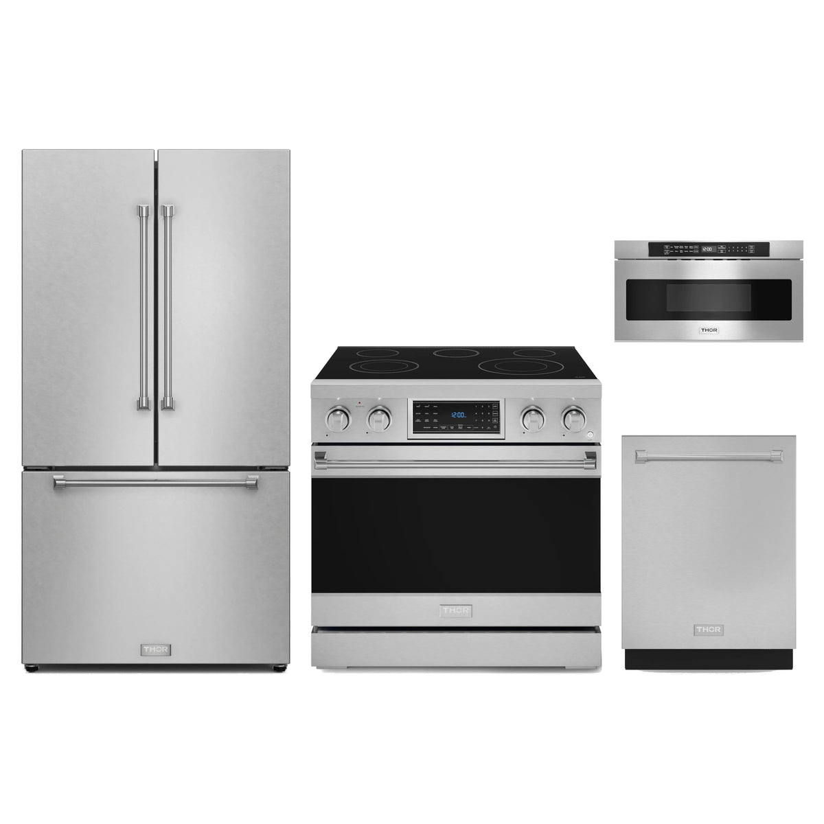 Gordon Ramsay by Thor Kitchen 4-Piece Appliance Package - 36-Inch Electric Range with Tilt Panel, Counter-Depth Refrigerator, Dishwasher, & Microwave Drawer in Stainless Steel