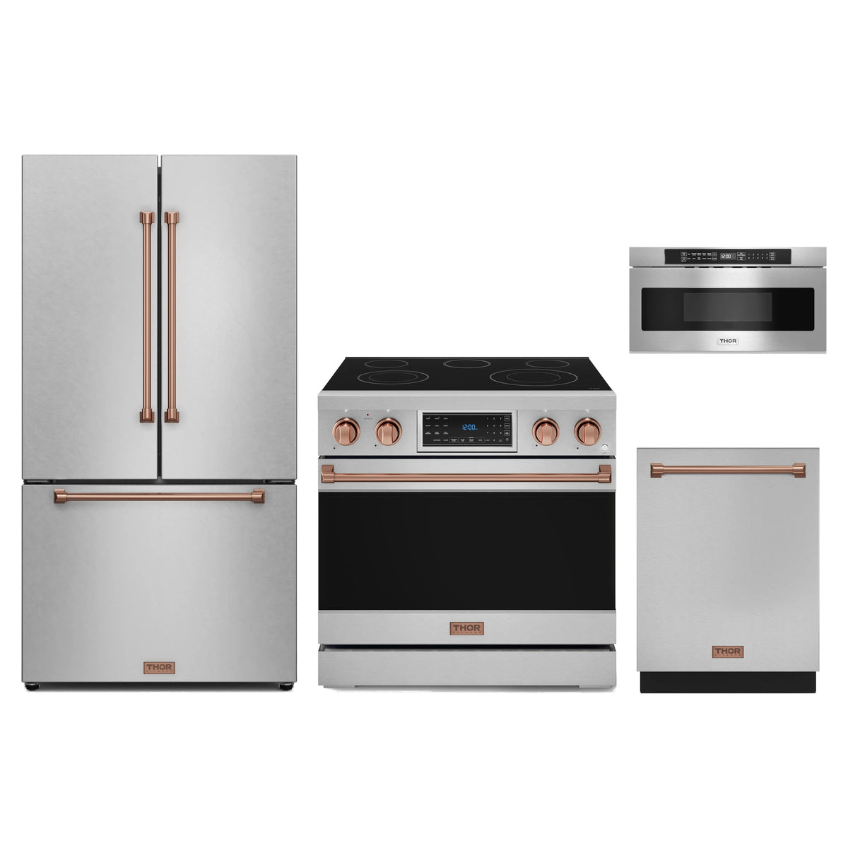 Gordon Ramsay by Thor Kitchen 4-Piece Appliance Package - 36-Inch Electric Range with Tilt Panel, Counter-Depth Refrigerator, Dishwasher, & Microwave Drawer in Stainless Steel with Rose Gold Trim
