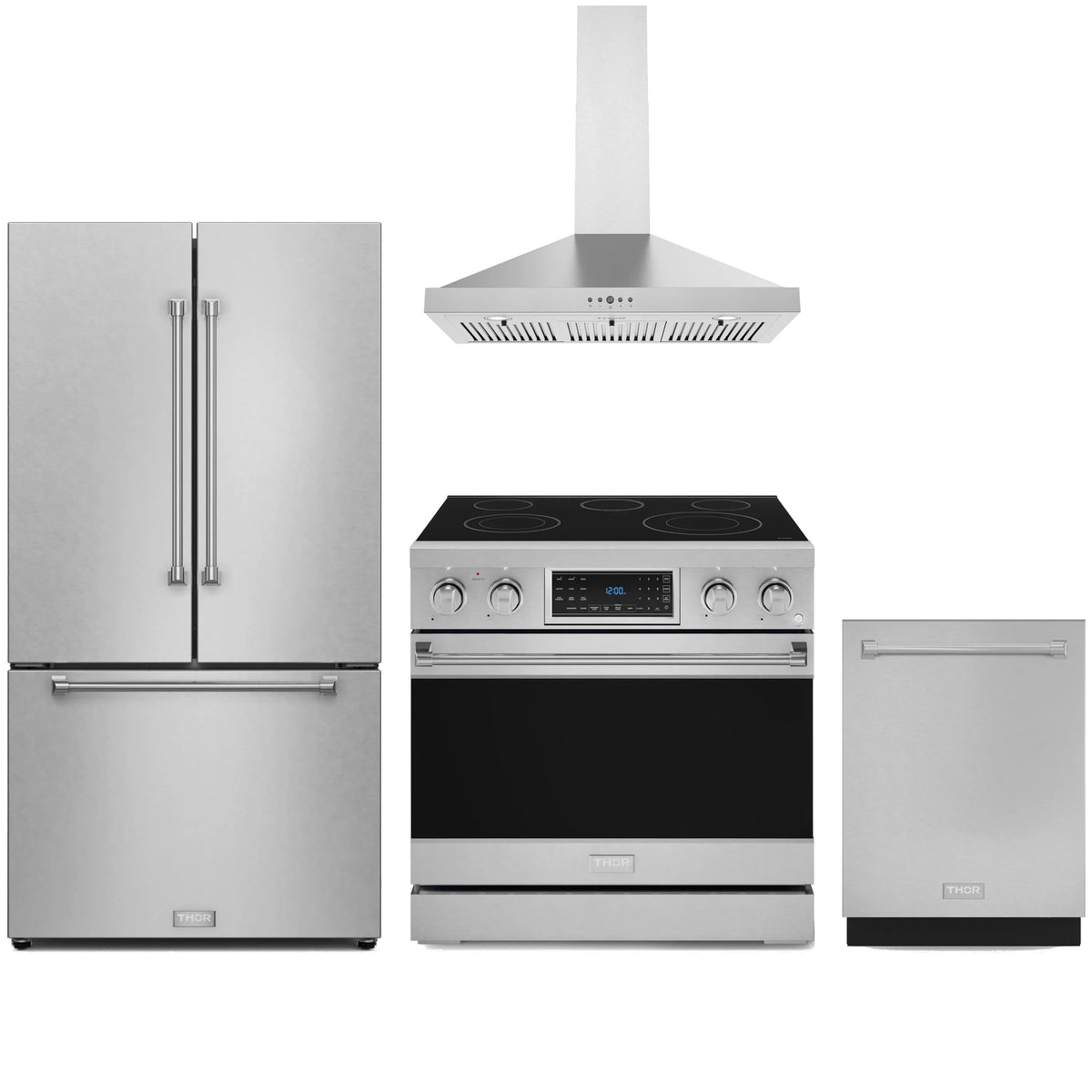 Stainless kitchen appliance package with wall hood, electric range, fridge and dishwasher