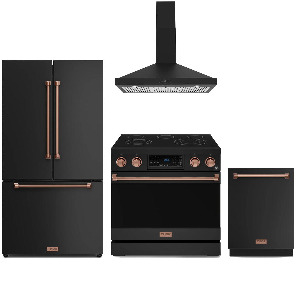 Black kitchen appliance package with rose gold trim: fridge, range, hood, dishwasher.