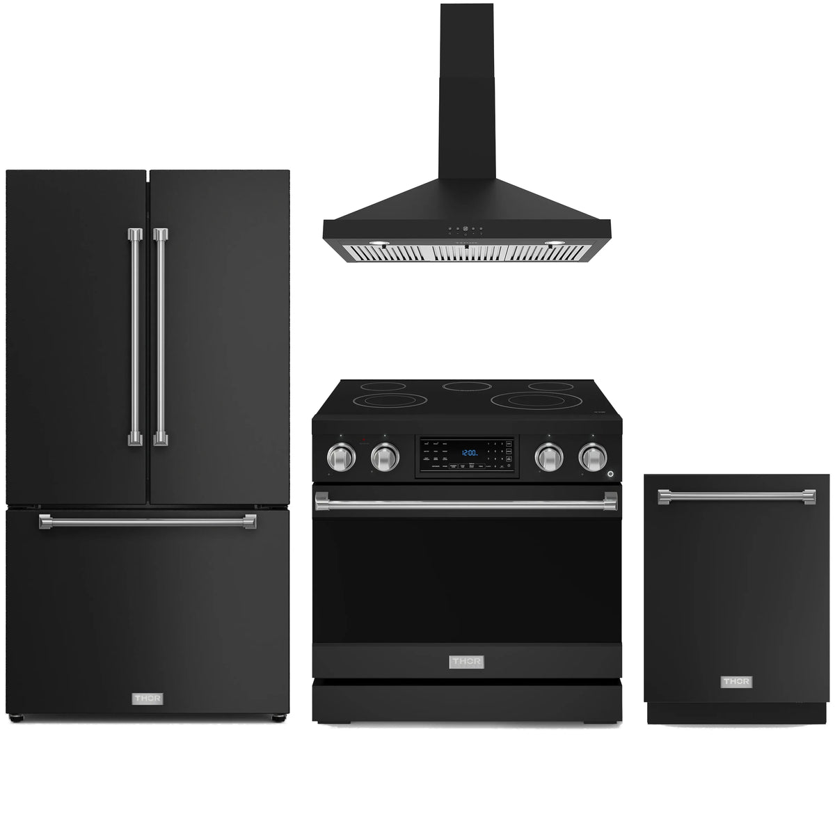 Black appliance package with bronze trim: range hood, electric range, fridge and dishwasher